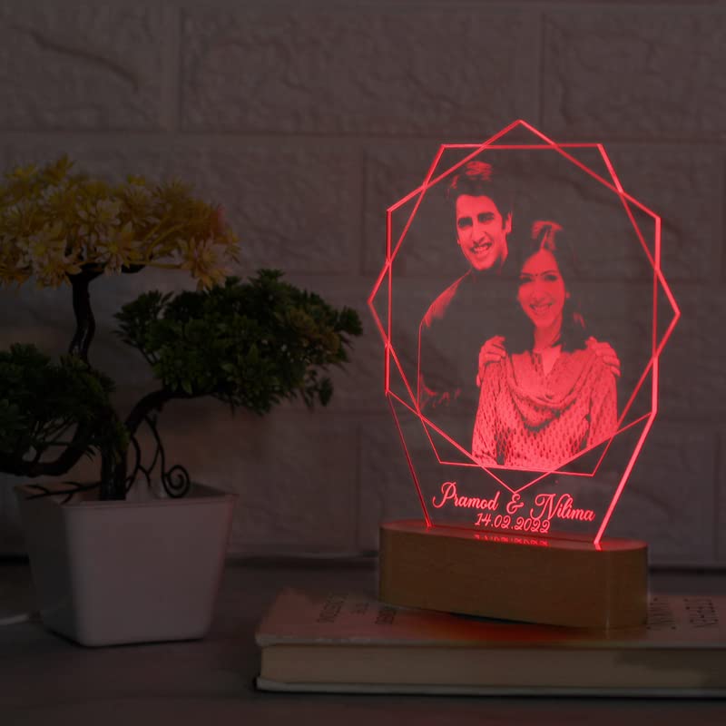 Artistic Gifts Acrylic Personalized Hexagon Shape 3D Illusion Photo Lamp For Couples| Photo Frame With Customized Photo, Name An