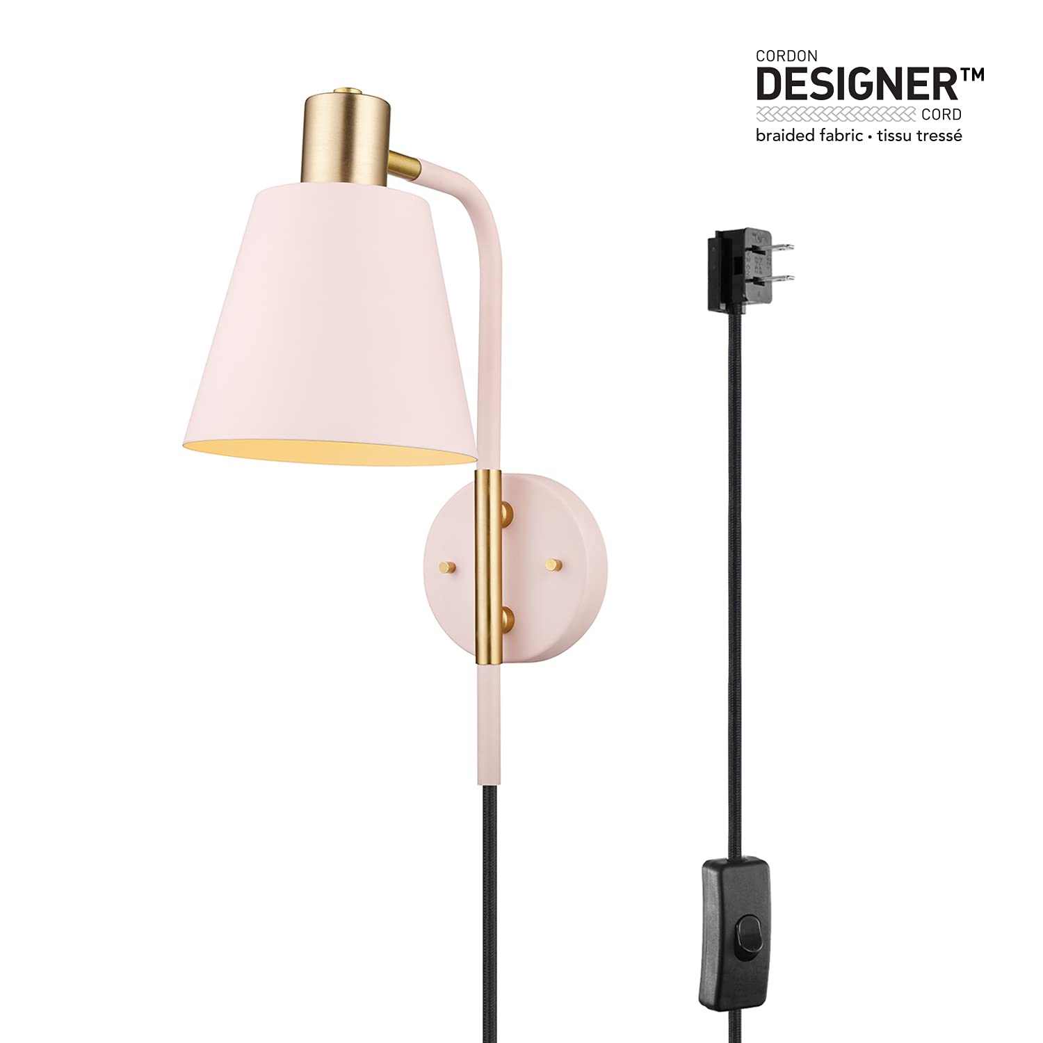 Globe Electric Cleo Wall Sconce 1-Light Plug-in/Hardwire, Metal, Blush Pink, Matte Brass Accents, Model 51826