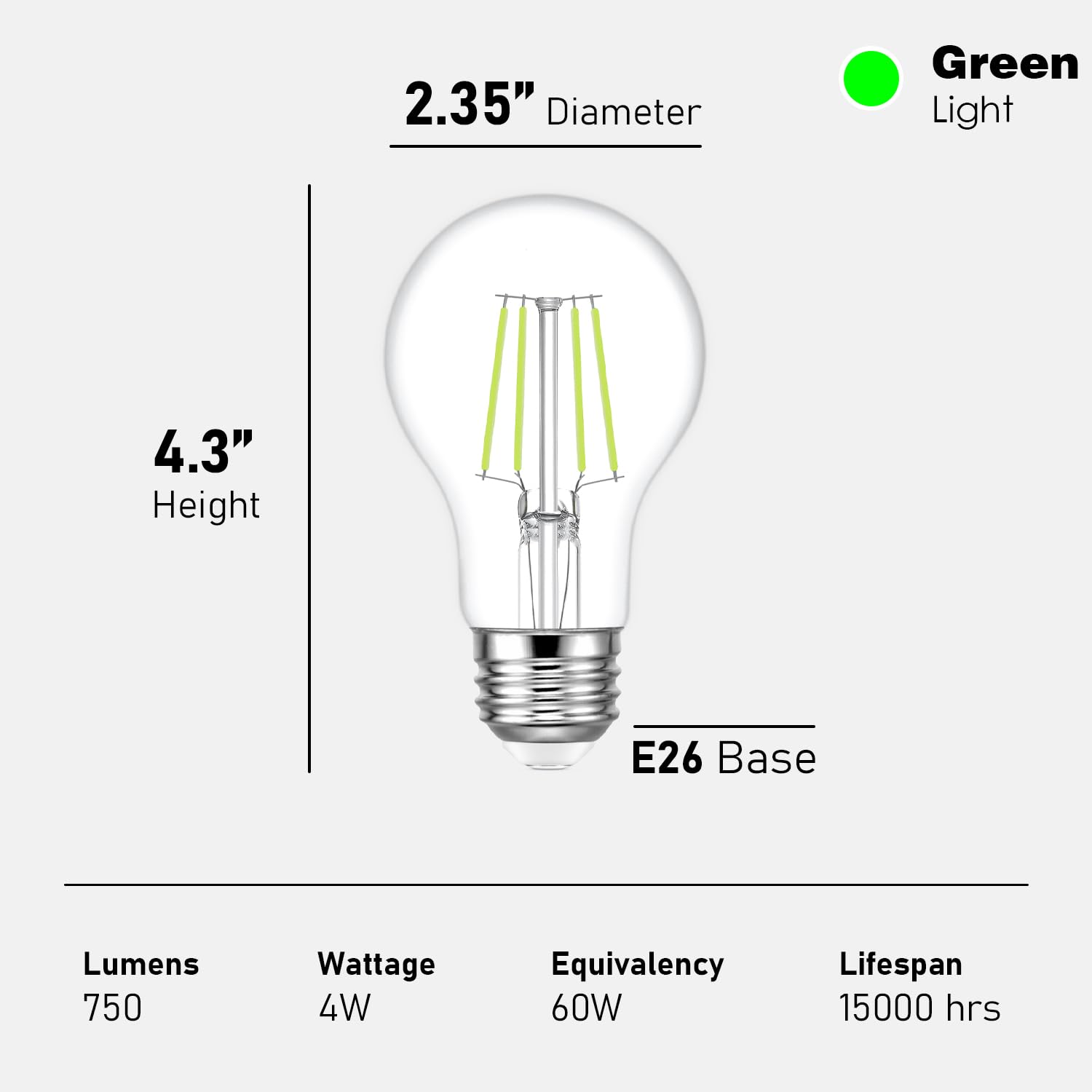 Maelsrlg Green Light Bulb, 4 Watts, A19 Colored Led Filament Bulbs, Clear Glass, 120 Volts, Dimmable, E26 Base, 2-Pack