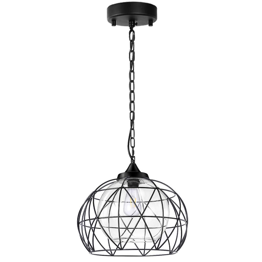 Wellmet 1-Light Black Cage Pendant Chandelier, Glass Shade, 14.5 Inch, Outdoor Lighting for Dining Room, Bar, Hallway