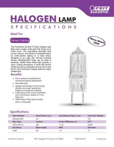 Feit Electric Halogen Bulb BPQ35/8.6 35W GY8.6 Base 120V Clear Glass 1 Count