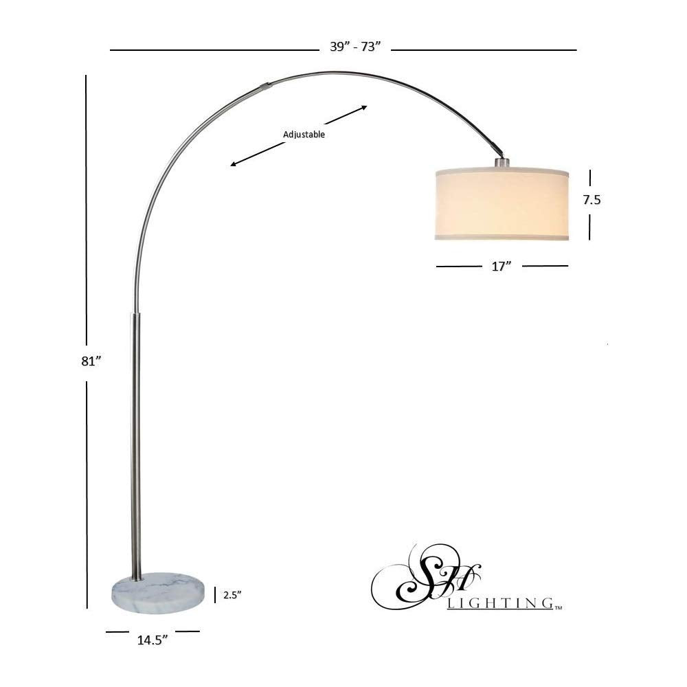 SH Lighting Arching Floor Lamp with White Marble Base, 81in Tall, Large White Drum Shade, Model 6938BEIGE, Beige