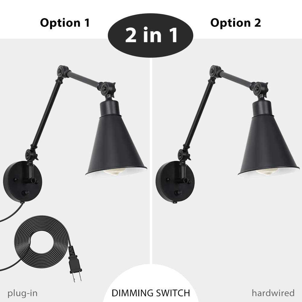 Caduke Swing Arm Wall Lamp For Bedroom, Set Of 2 Plug In Wall Light Fixture With Dimmable Switch, Industrial Metal Black Wall Re