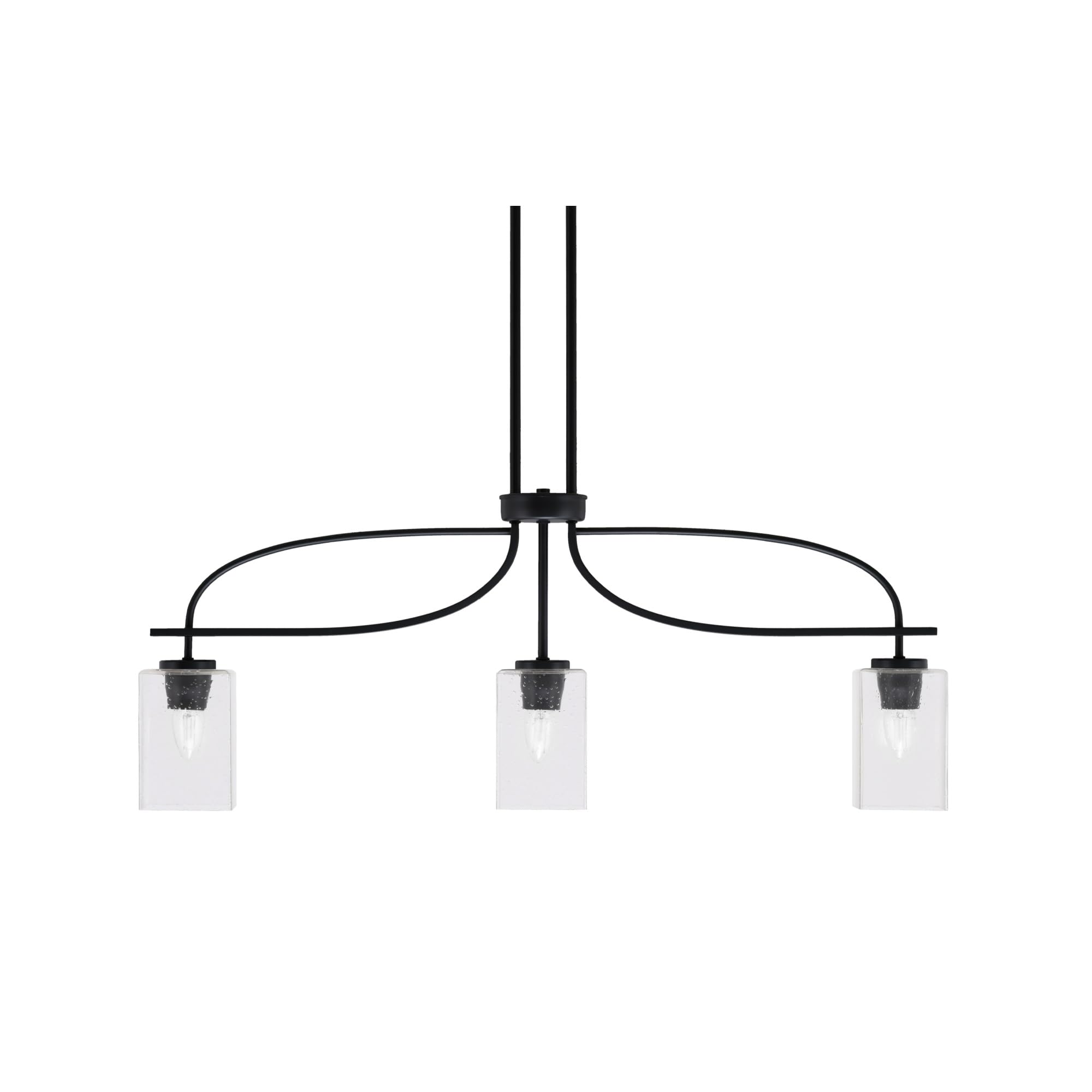 Cavella 3 Light Island Light Shown in Matte Black Finish with 4&quot; Square Clear Bubble Glass