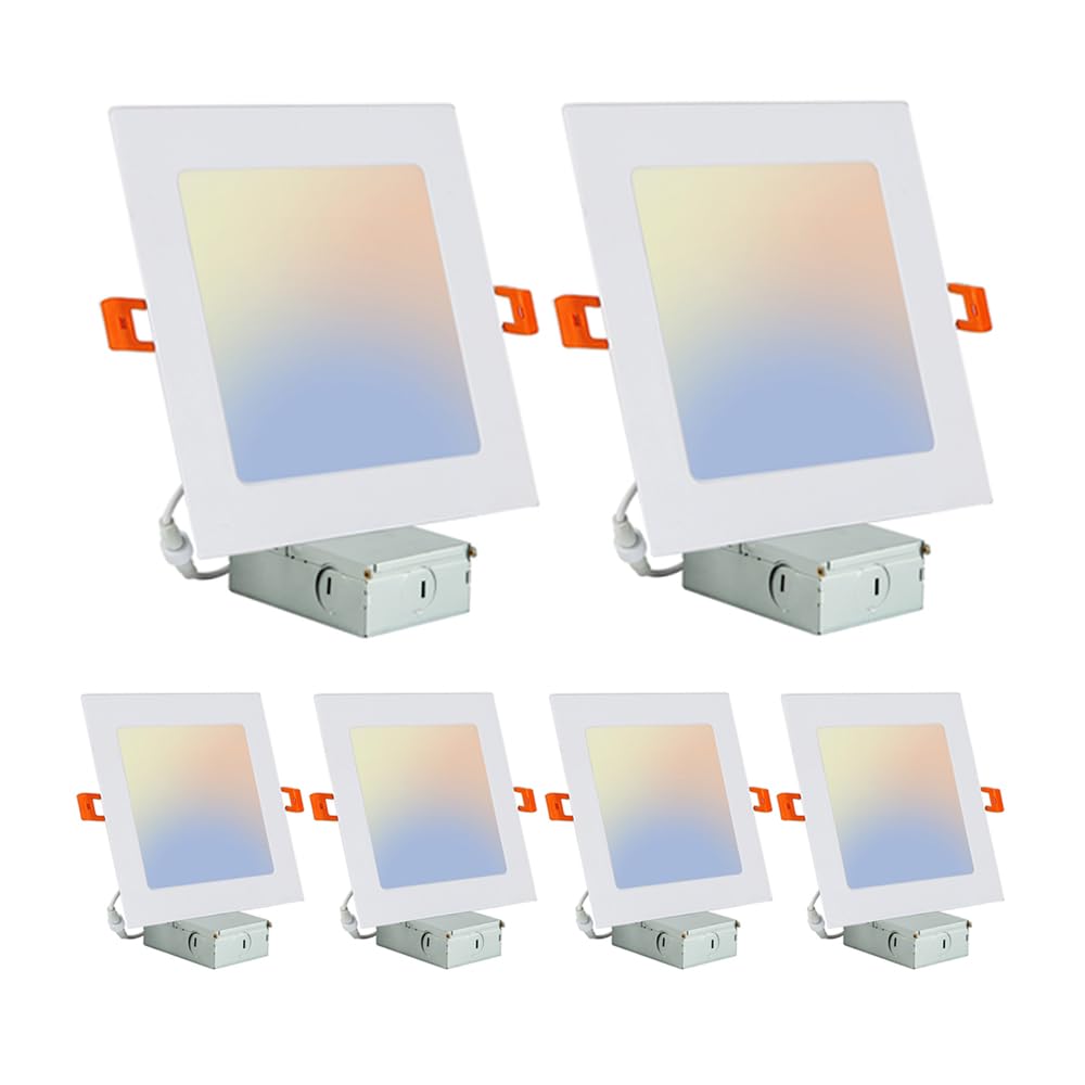 QIBANG 3CCT 6 Pack 6 inch Square Led Recessed Lights Dimmable Canless Wafer Downlight with J-Box,3000K/4000K/6000K Selectable,11