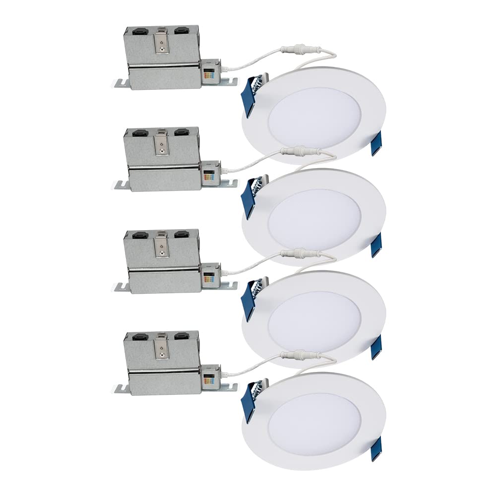 HALO 4 inch Recessed LED Ceiling & Shower Disc Light - Canless Ultra Thin Downlight - 2700K/3000K/3500K/4000K/5000K Selectable- White - 4 Pack