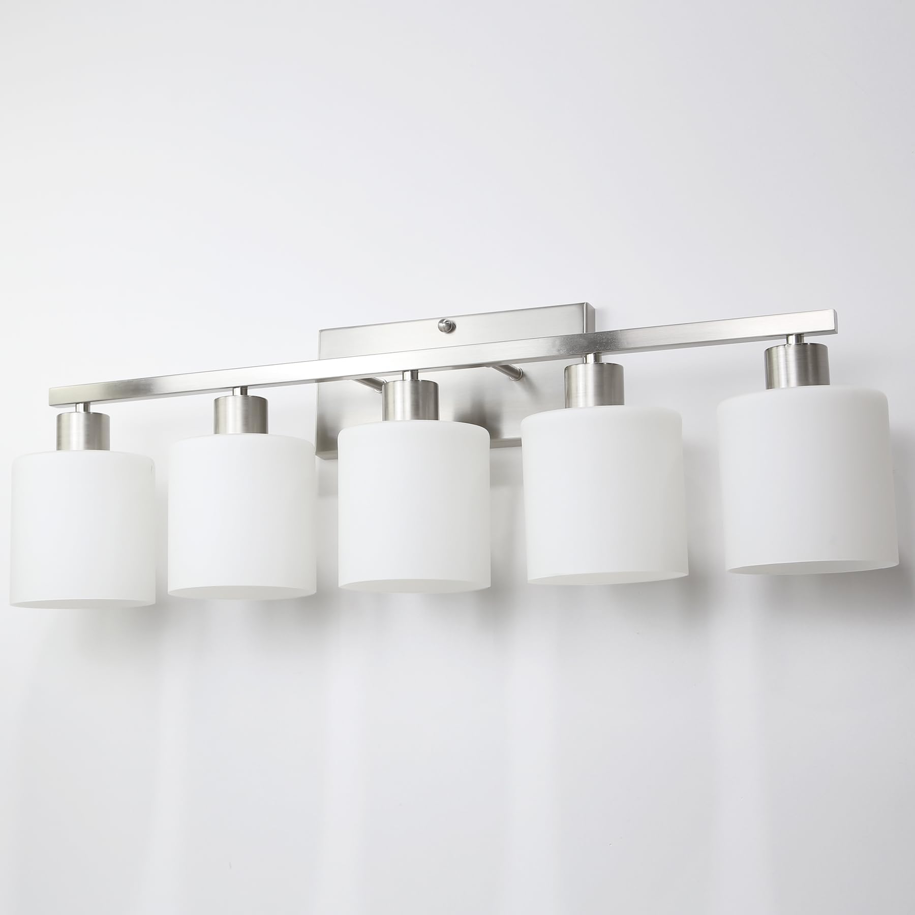 Silampdi 5-Light Bathroom Lighting Fixtures Over Mirror  Brushed Nickel Bathroom Vanity Light  Modern Rustproof Wall Sconce Lights  Milky White Frosted Glass Shades  E26 Base  Bulbs Not Included