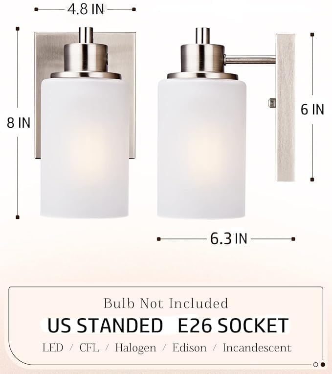 3 Pack Modern Bath Vanity Light Fixture 1-Light, Indoor Bathroom Wall Sconces For Living Room, Porch, Bedside, Brushed Nickel Fi