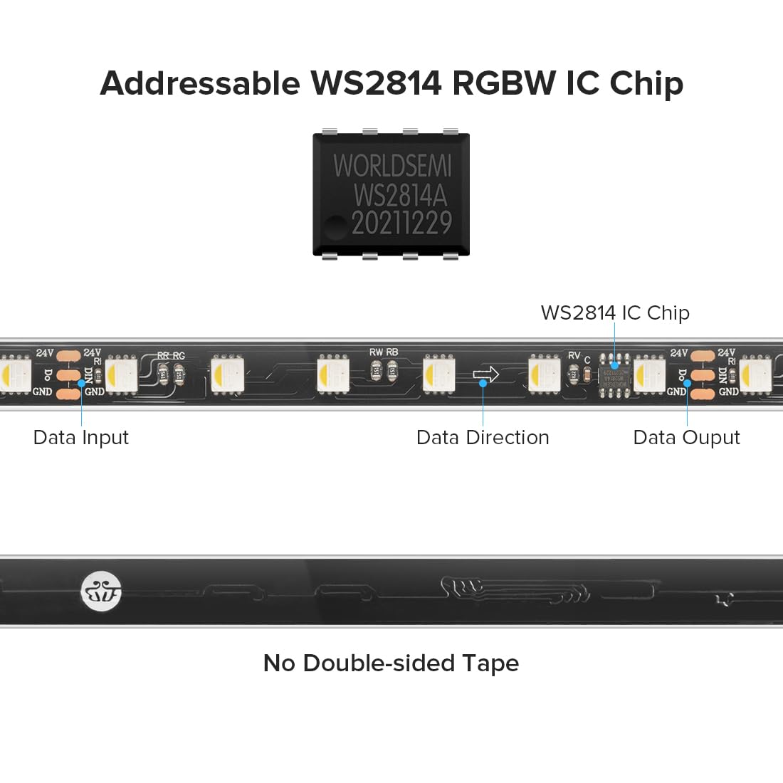 BTF-LIGHTING WS2814 IC RGBW LED Strip, 16.4FT, 60LED/m, DC24V, IP67, RGB+3000K, Flexible Dream Color