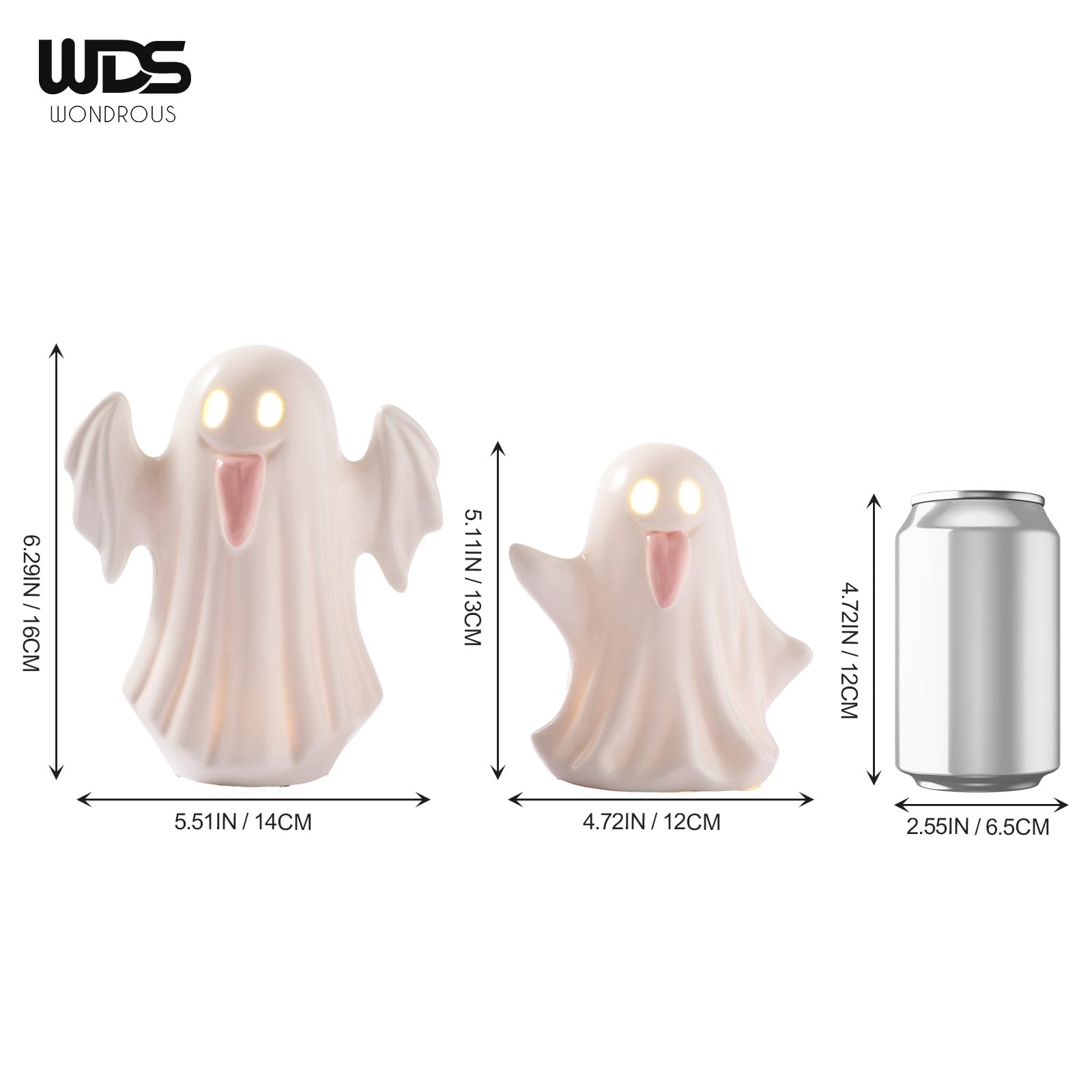 WDS WONDROUS Halloween Decor Ghost Figurines Light Up - White Set of 2 Ghost Figurines with Pink Tongue -Cute Halloween Ceramic