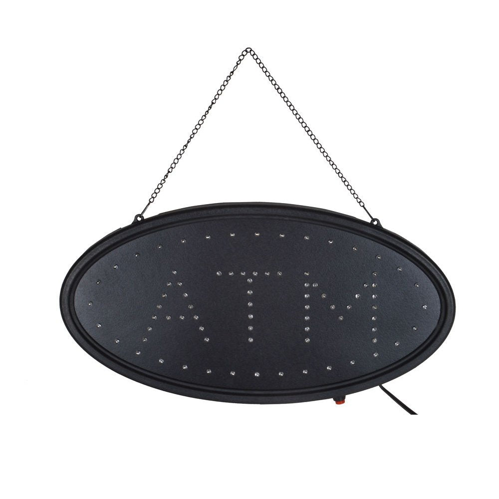 Boshen LED ATM Sign for Banks and Shops, Multicolor Metal, 19in L x 10in W, Model 04ODS0021, On/Off Switch, Oval inATMin Design