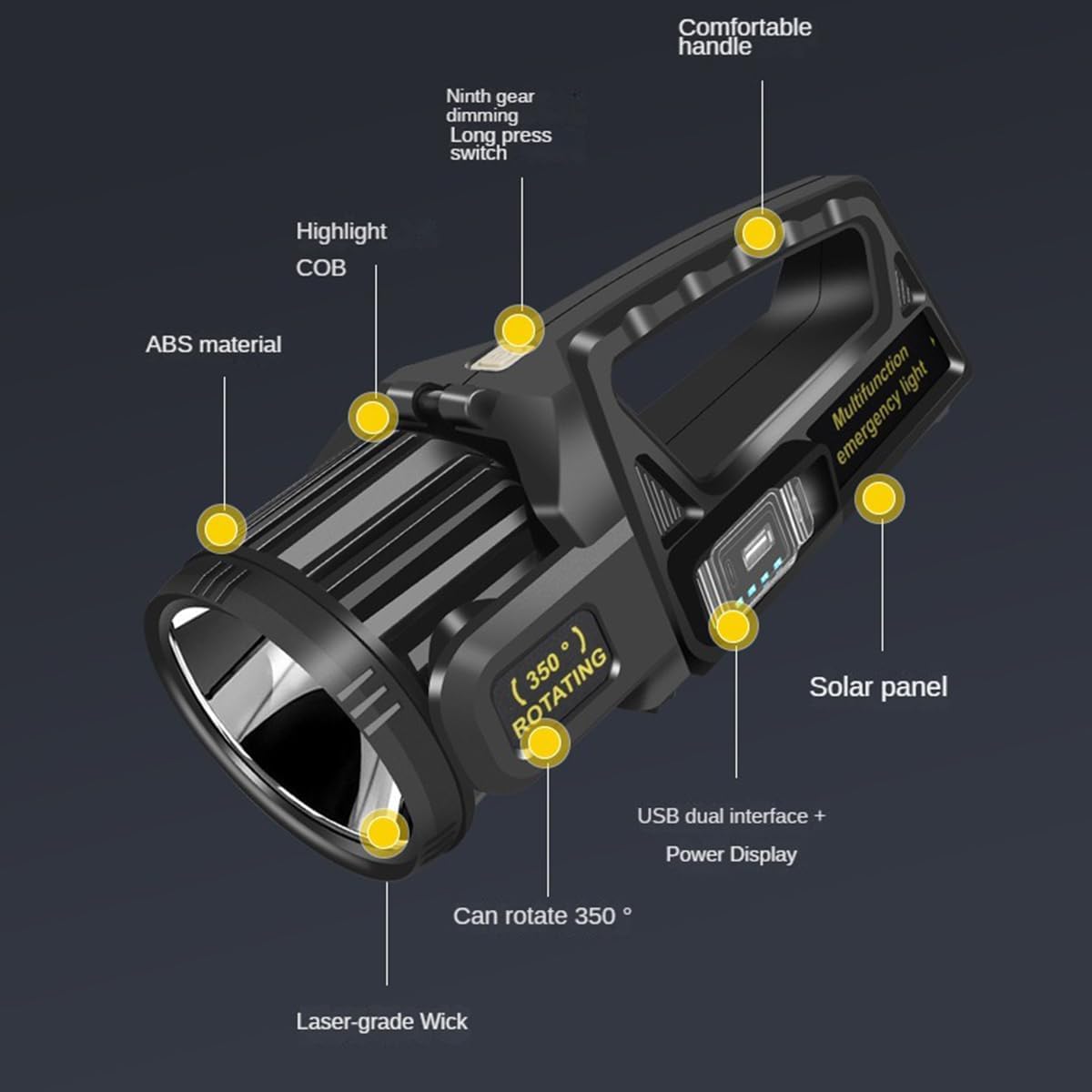 LETOUR Rechargeable LED Spotlight Flashlight, 350° Rotate Head, 9 Modes, IPX6 Waterproof, XX-Large, LT-CL012B