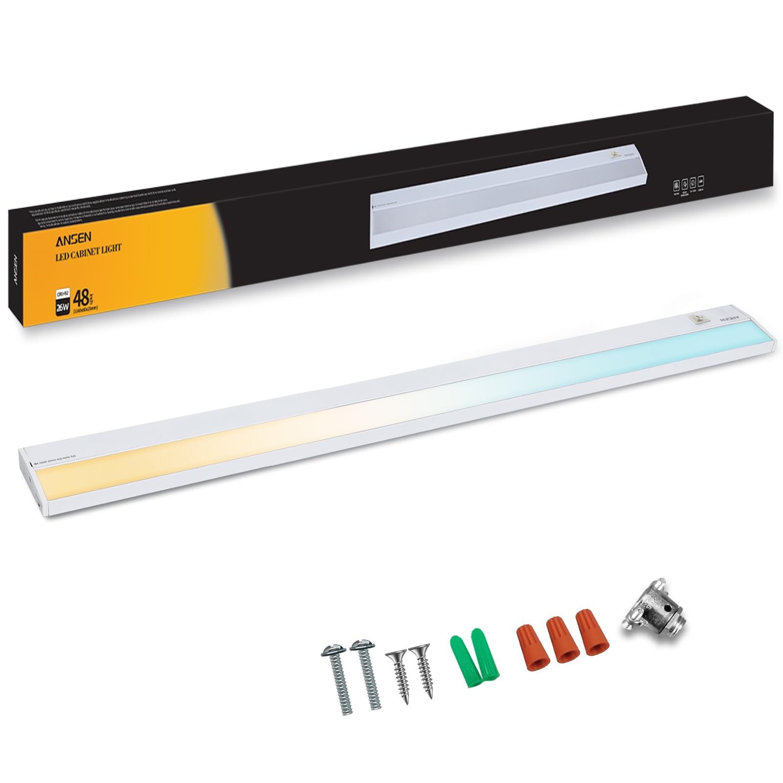 Ansen Hardwired Under Cabinet Lighting, 48in 26W LED Light for Kitchen/Closet, CRI>92, R9>90, Dimmable, 3 Color Temperature, 3000K/4000K/5000K(Warm White, Cool White, Daylight)