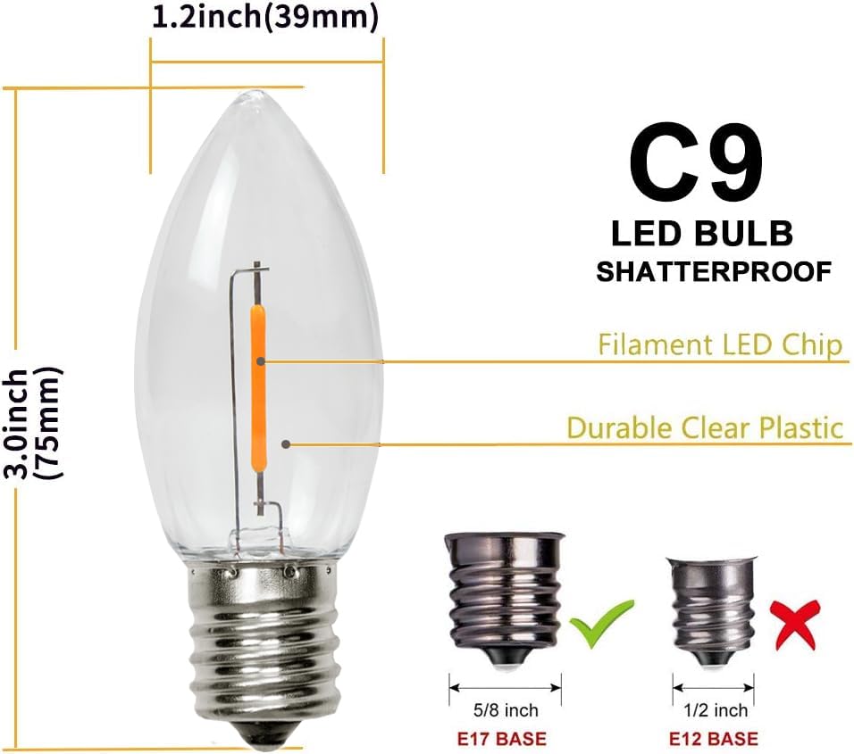 Kgc C9 Led Replacement Christmas Lights Bulbs-0.6W Equivalent To 7W, Warm White 2200K, No Glass Shatterproof & Waterproof Plasti