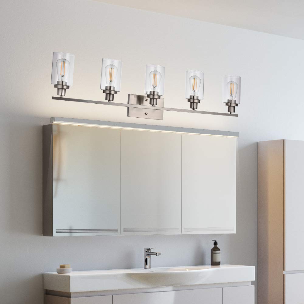 MELUCEE 5-Light Bathroom Vanity Light Brushed Nickel Wall Sconce Modern Light Fixtures Wall Mount with Clear Glass Shade for Por
