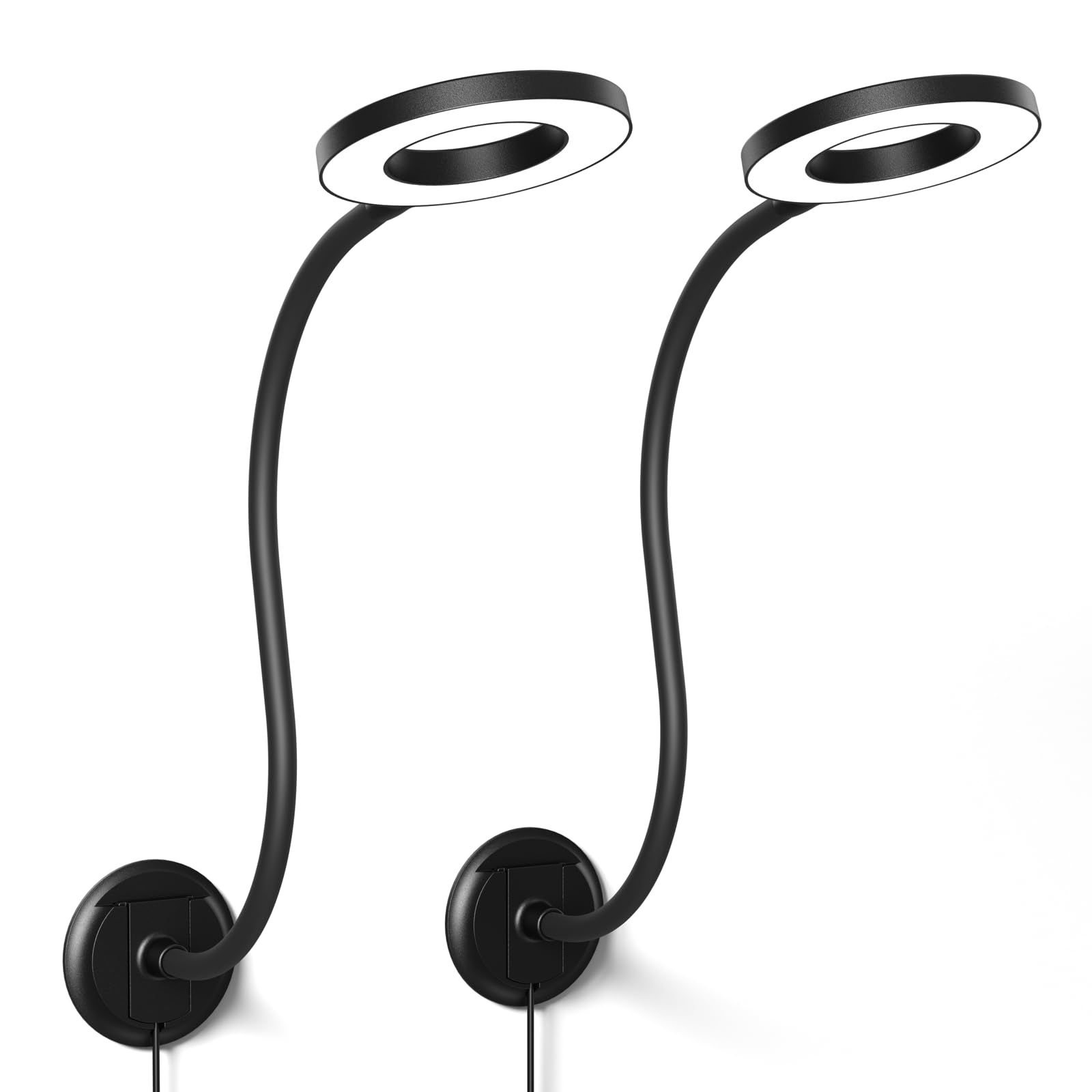 Kaulsoue Wall Mounted Reading Light - 360° Gooseneck, 5 Color & Brightness Adjustable, Black, Model KX10, 2 Units