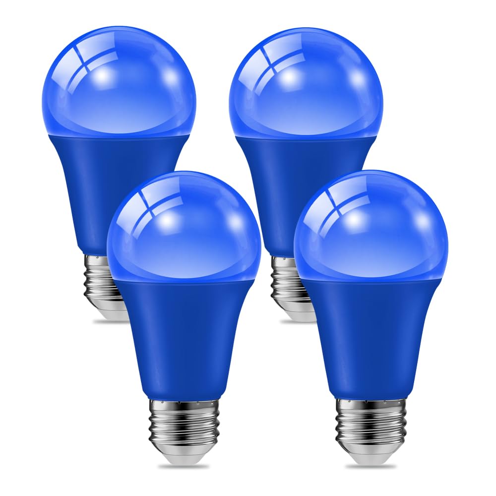 4 Pack 9W (60W Equivalent) 120V E26 Base A19 LED Colored Light Bulb, Blue LED Lights for Party Christmas Decor and Halloween Lig