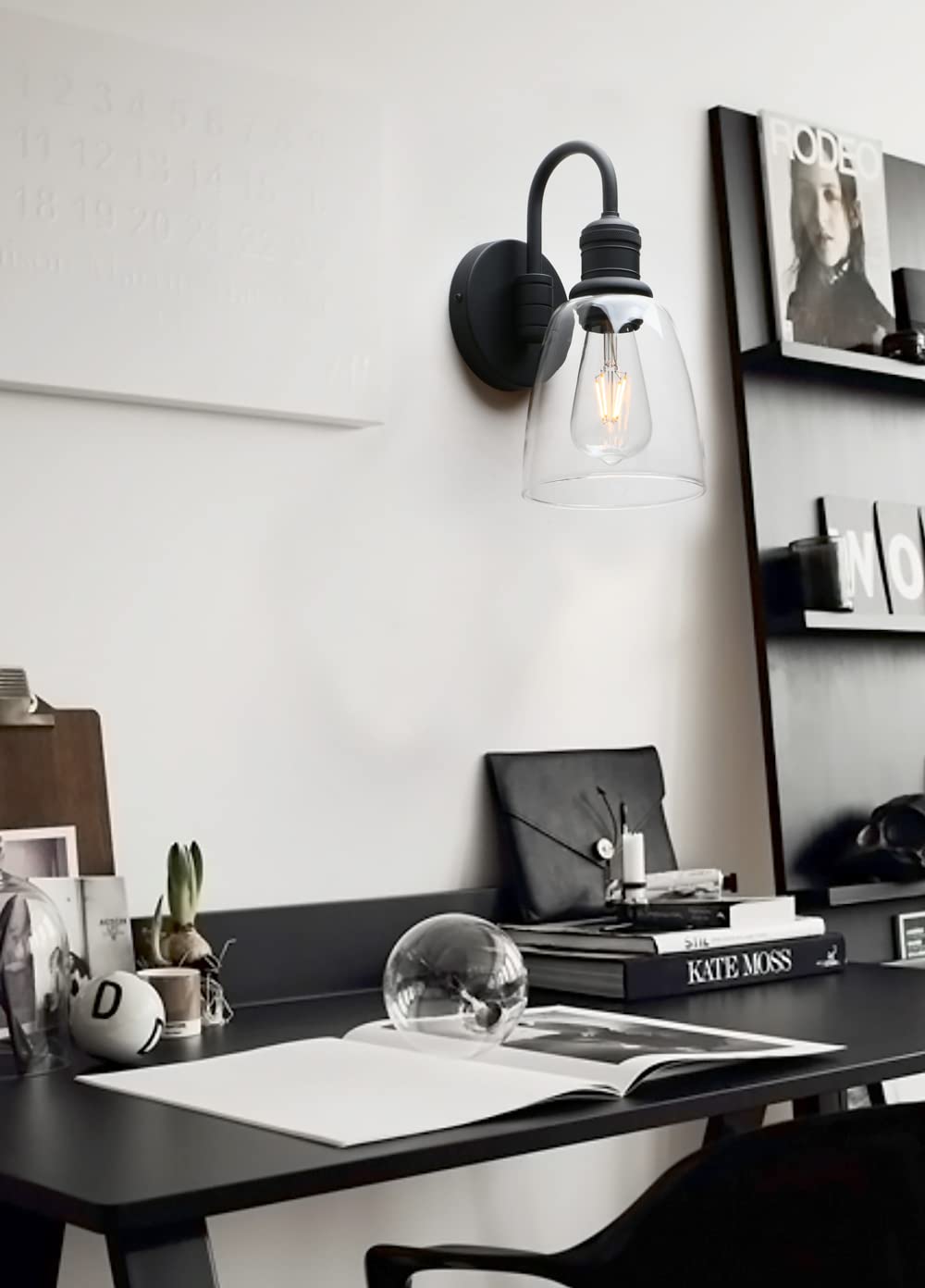 Yosoan 1-Light Vintage Wall Sconce, Black Metal Fixture with Glass Shade, Large Gooseneck Design for Bathroom, Kitchen, Living Room