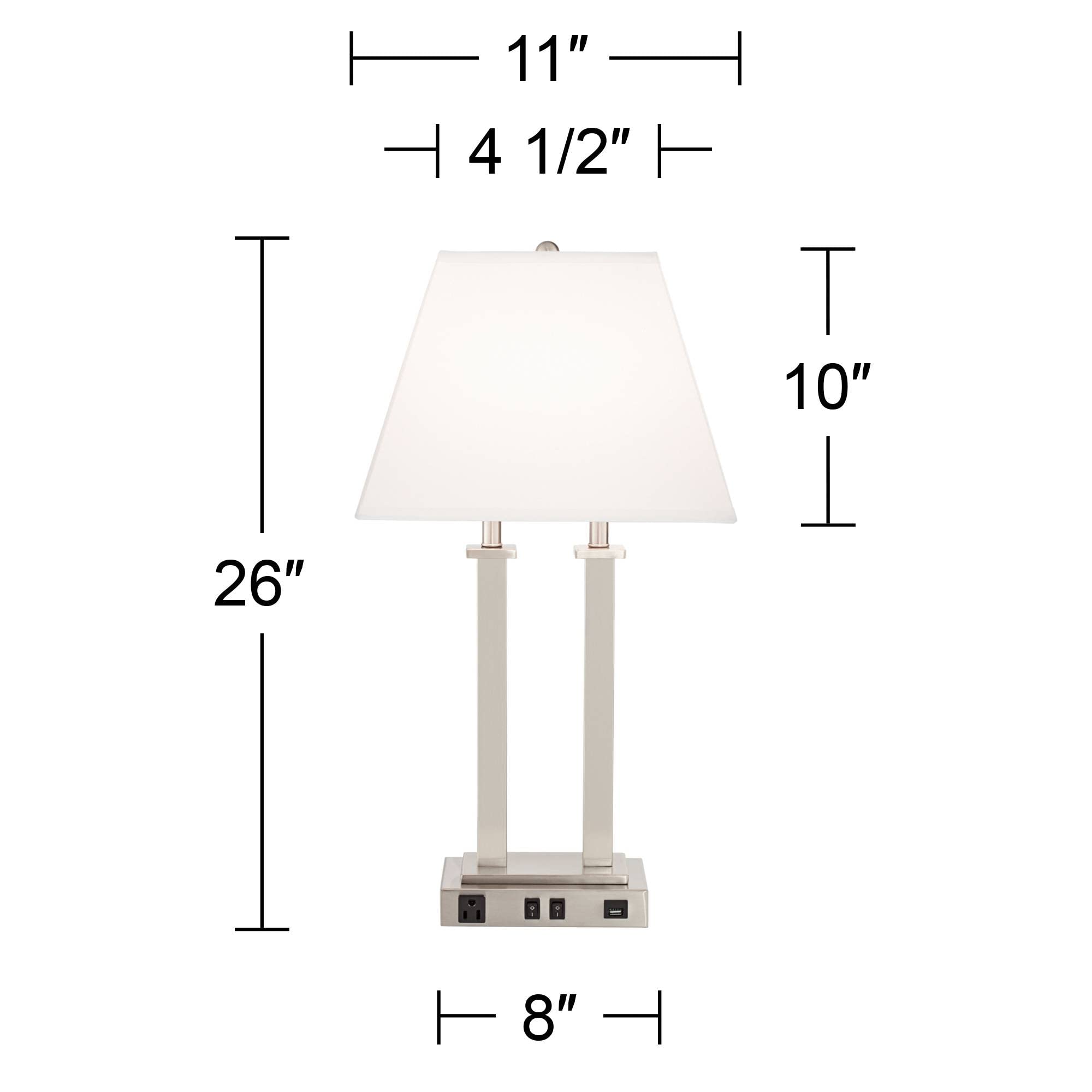 Possini Euro Design Amity Modern Table Lamp with USB & AC Outlet, 26in High, Brushed Nickel, White Linen Shade, Model 9G408