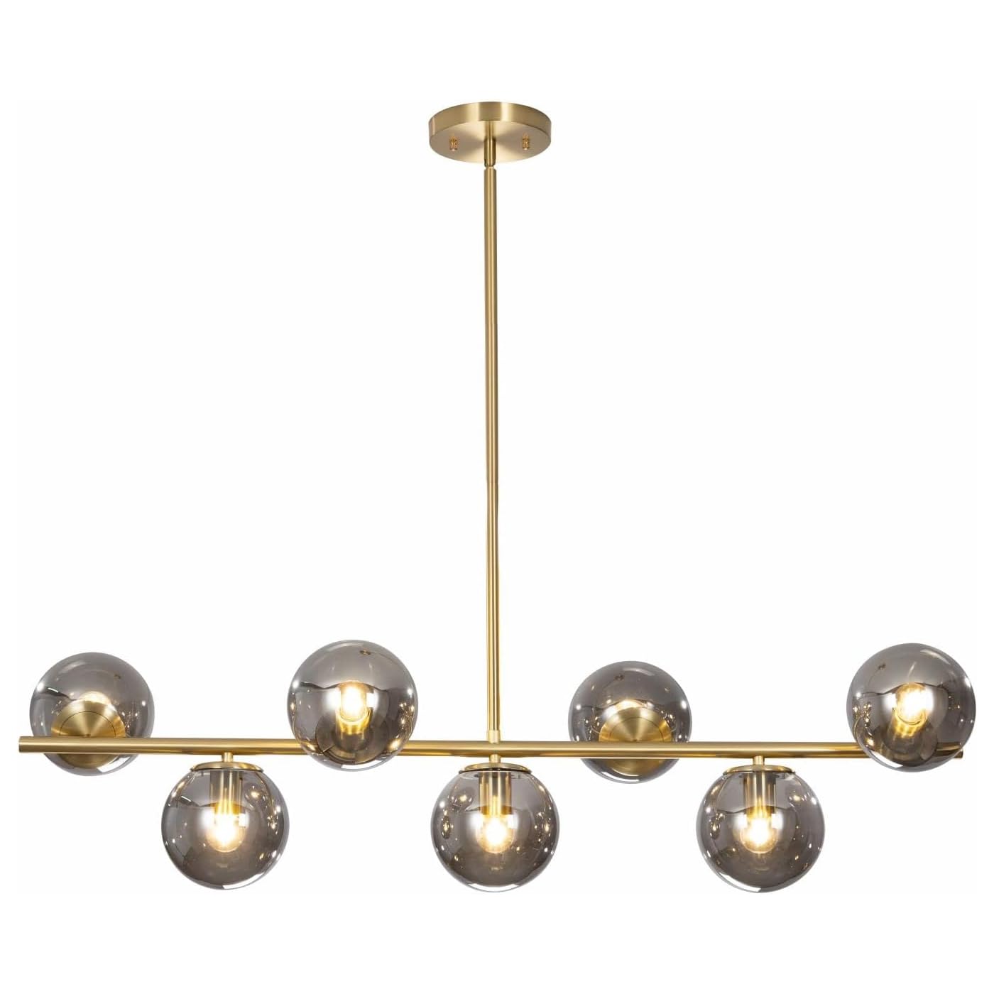 Kco Mid Century Modern 7-Light Gold Brass Sputnik Chandelier With Smoke Glass Spheres