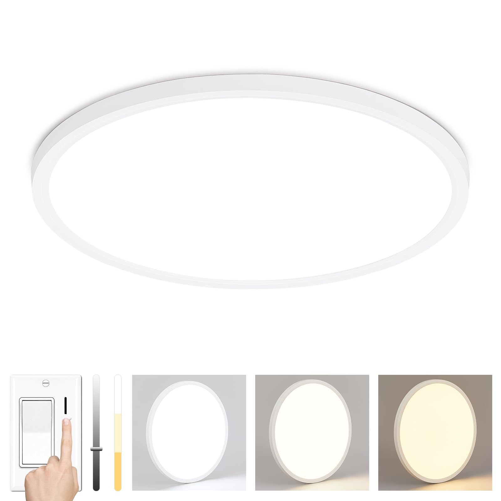 16'' Dimmable LED Ceiling Light Fixture, Ultra Thin Flush Mount, 28W 2800Lumen, 3 Color Changeable, Round, White, for Dining Roo