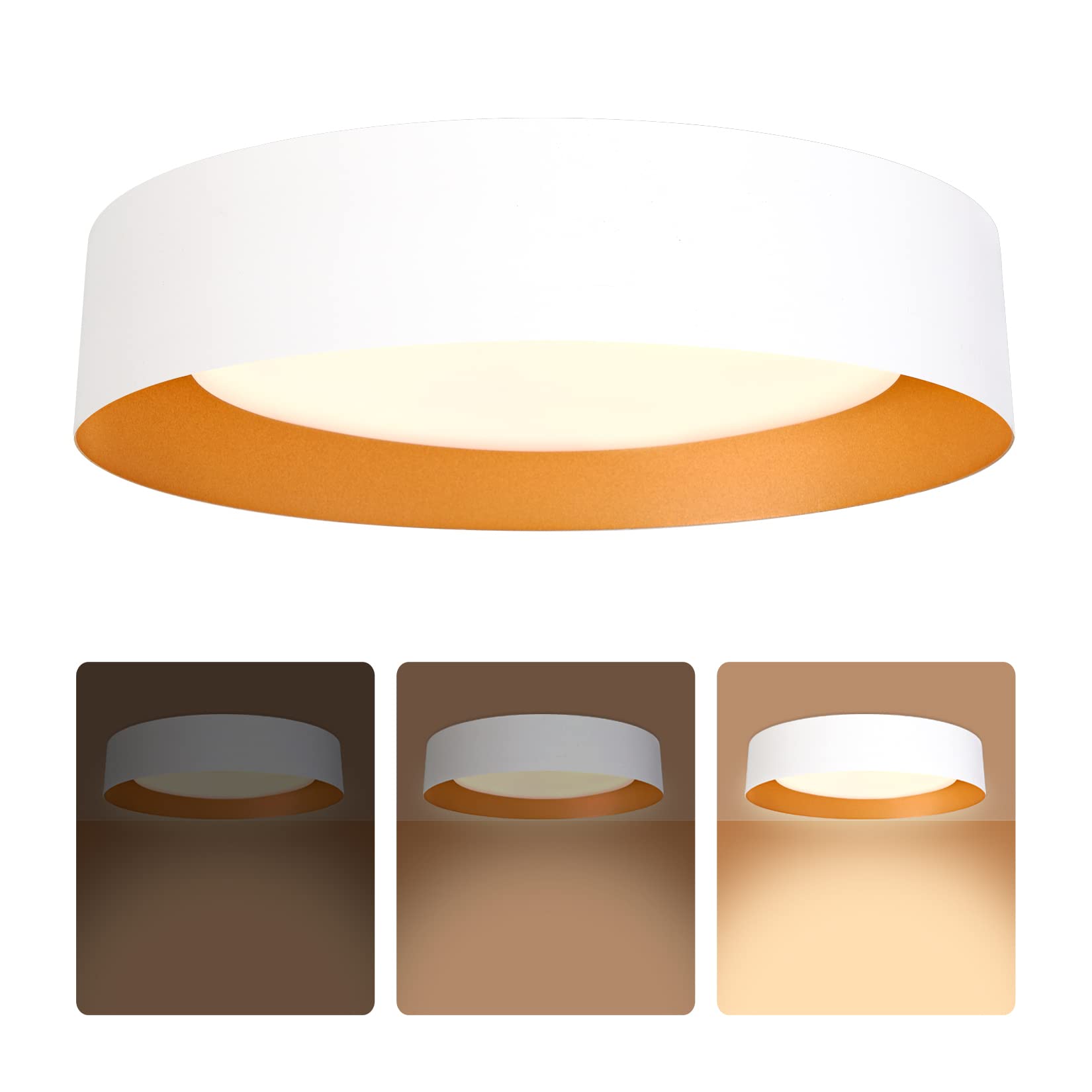 Bargeni 16.5 inch Dimmable LED Flush Mount Ceiling Light, Matte White with Gold Inside, 3000K/Warm White/30W, Modern Light Fixtu