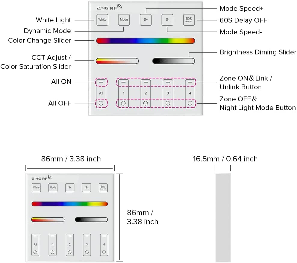 BTF-LIGHTING MiBoxer B3 Wireless RGB/RGBW Remote Panel, 2.4G RF, Wall Mounted, White, Powered by 2XAAA Batteries