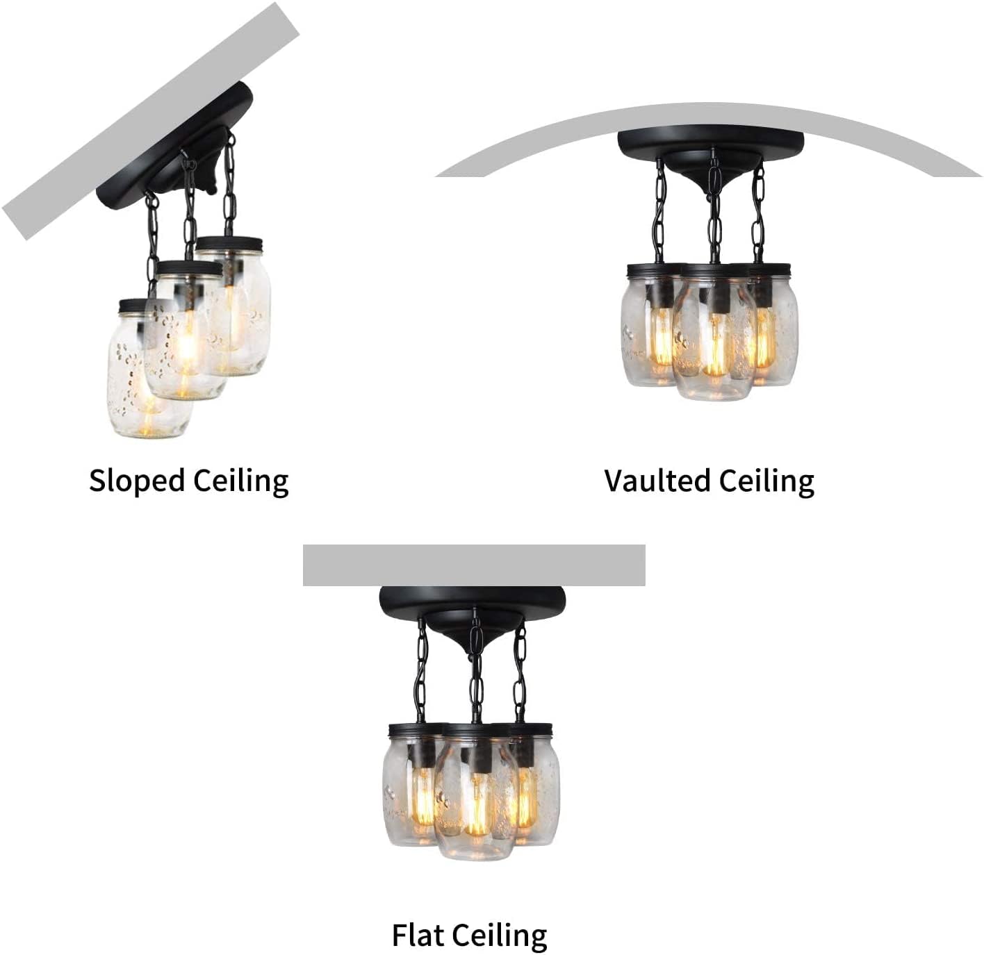 PUZHI HOME Mason Jar Pendant Light, 3-Light Chandelier for Kitchen Island, Black, Model 30