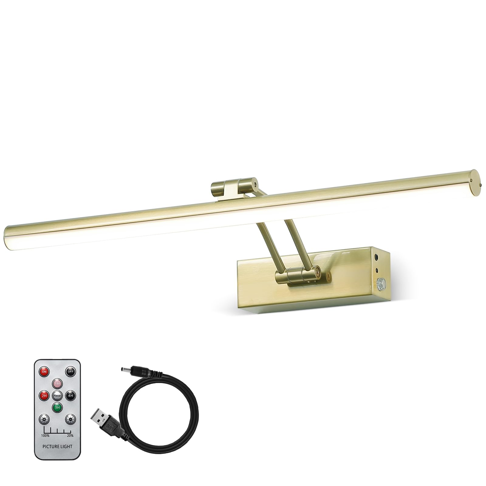 FUNCHDAY Wireless Picture Light, Dimmable, 16in Full Metal Art Light, Rechargeable, Antique Brass, Model FC80109AB