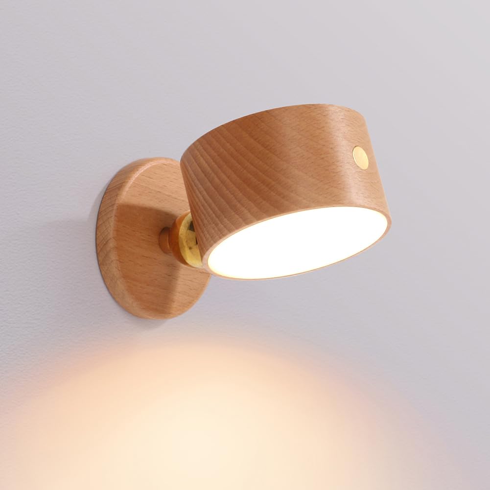 LANDGOO Magnetic Wall Sconce - Rechargeable Beech Wood Lamp  360 Rotatable & Dimmable for Renters  Artwork & Reading (No Wiring DIY Install)
