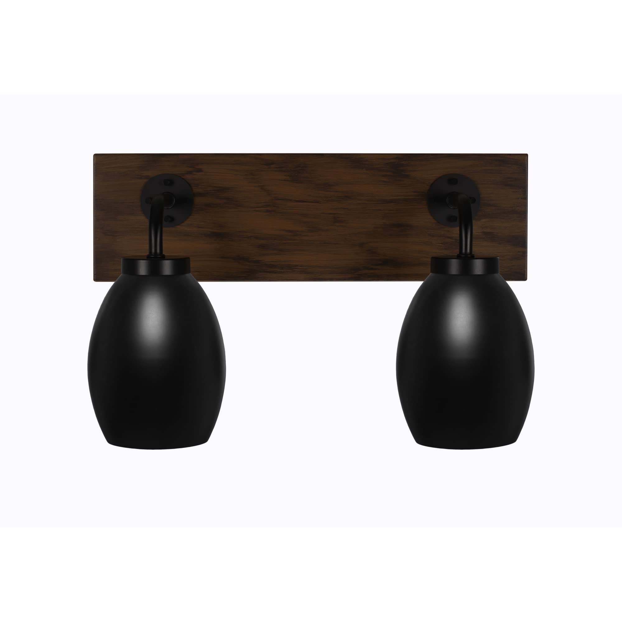 Oxbridge 2 Light Bath Bar In Matte Black & Painted Wood-Look Metal Finish With 5" Matte Black Oval Metal Shades