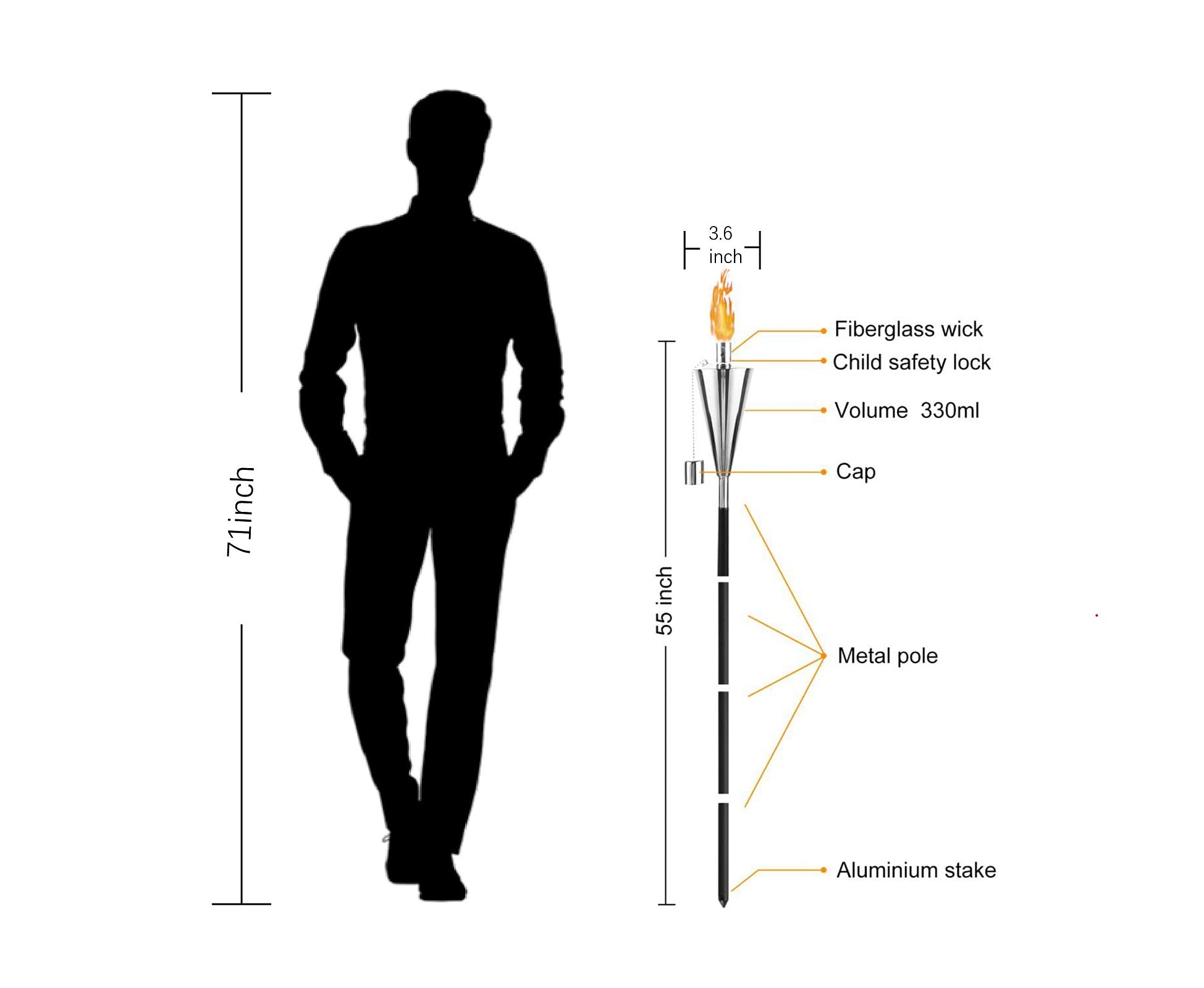 Fab Based Oil Torch Lamp Torch For Patio/Garden/Lawn/Backyard - 55 Inch - Stainless Steel - Fiber Glass Wick - Set Of 2 Pieces-O