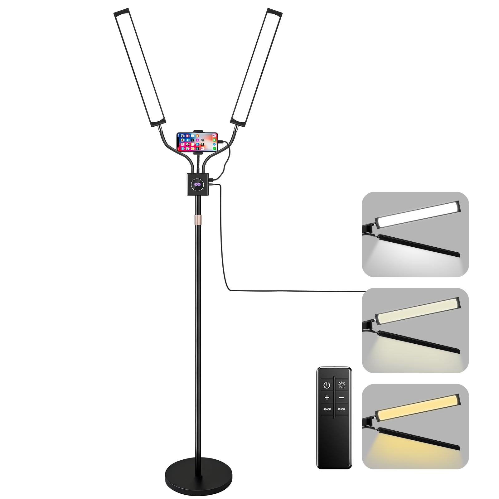 BeeMingle Lash Light for Eyelash Extension LED Floor Lamp with 3 Color Temperature  Lash Lamp Esthetician Light for Tattoos  Nail  Photograph  Adjustable Brightness Height with Phone Holder (Black)