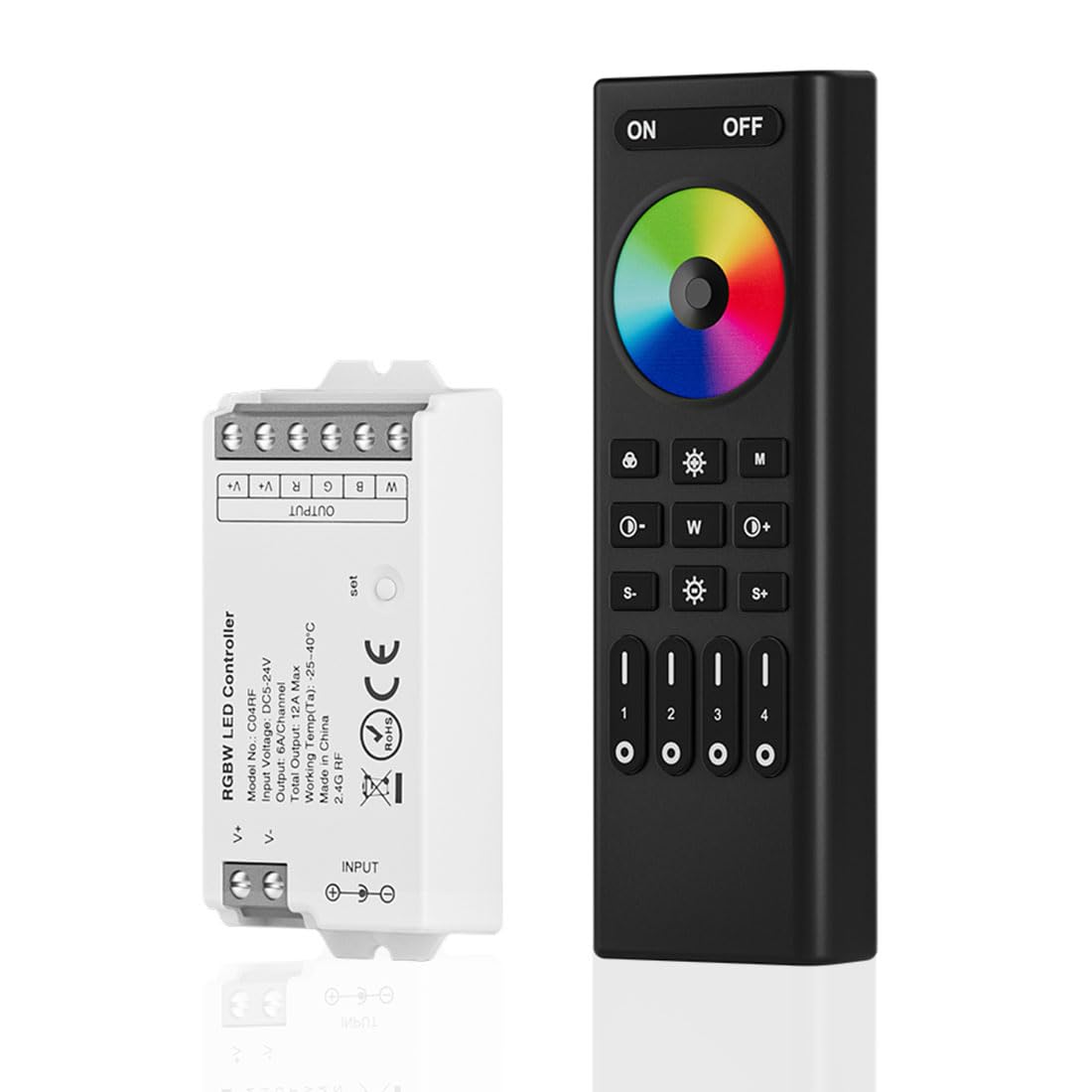 SEZO RGBW LED Controller Kit with 4-Zone Wireless Remote Control, Model RC03RFB+C04RF, for 5050 FCOB Strips