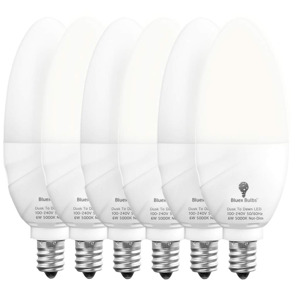 Bluex Bulbs 6 Pack LED Dusk to Dawn Candelabra Bulbs, 6W E12 Base, 5000K Daylight White, Home Security Lighting