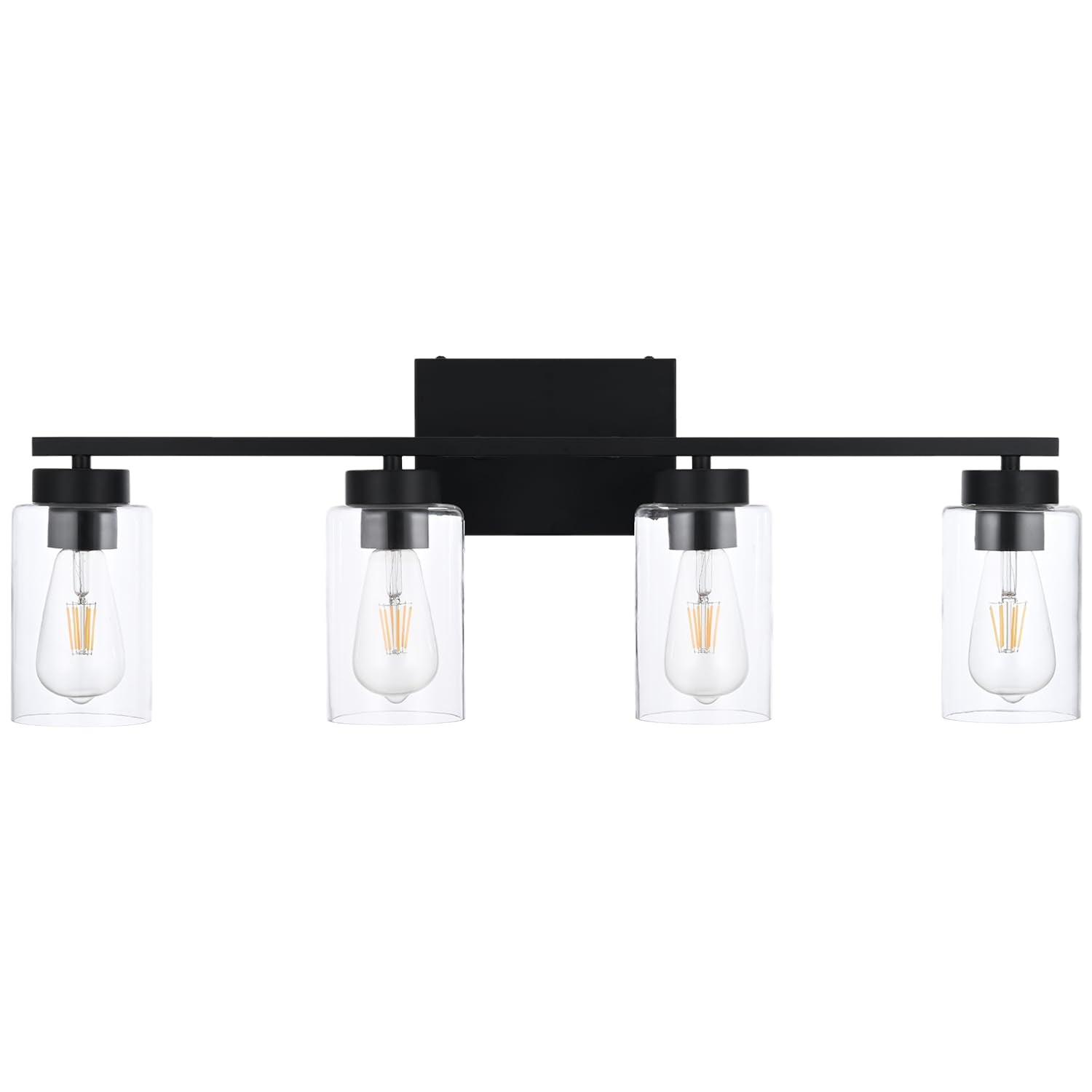 A1A9 4 Light Bathroom Vanity Light Fixtures, Matte Black, Clear Glass Shade, Model NF-22405BK