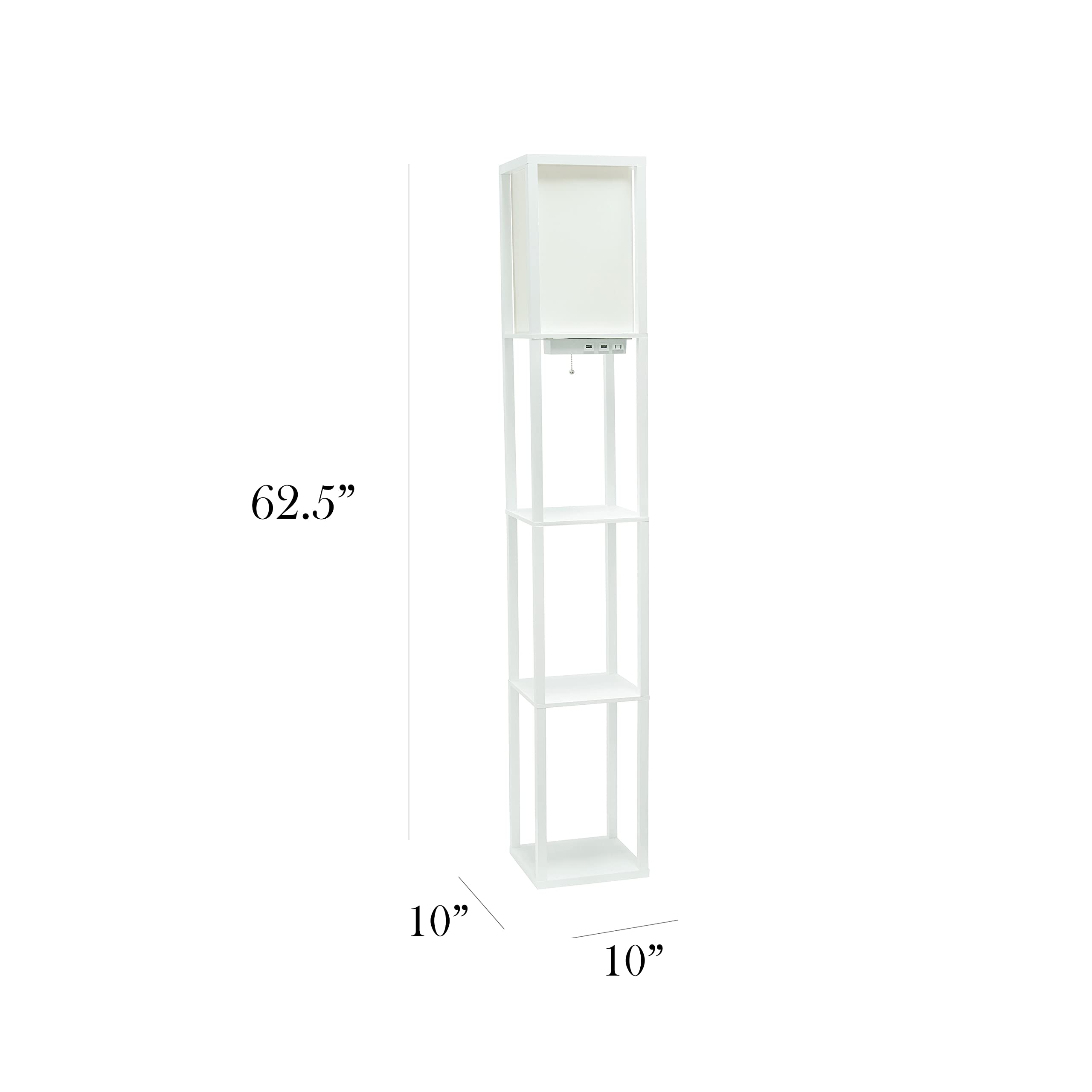 Simple Designs Lf1037-Wht Floor Lamp Etagere Organizer Storage Shelf With 2 Usb Charging Ports, 1 Charging Outlet And Linen Shade, White