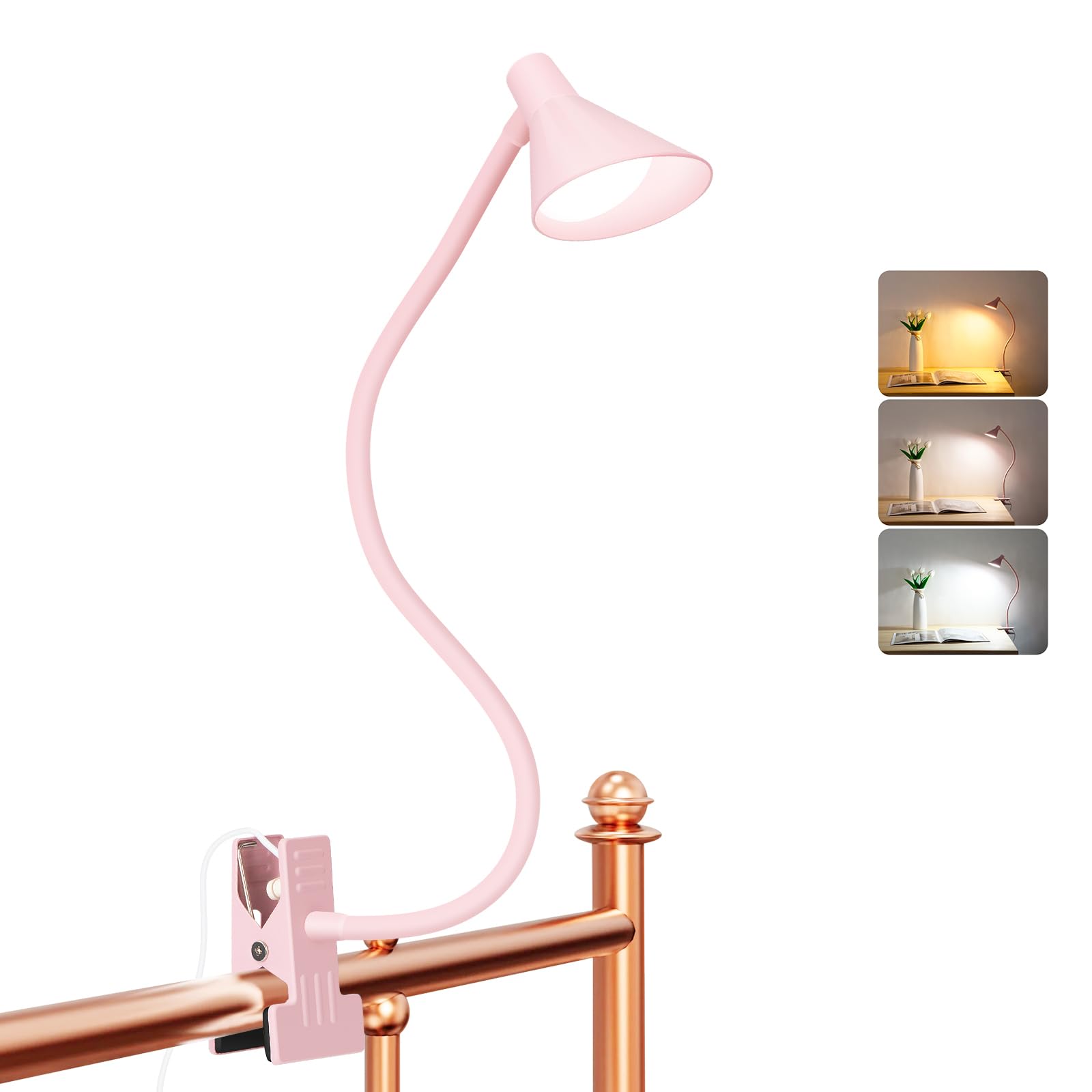 LiFMIRA Pink Small Desk Lamp Clip on LED Reading Light for Bed, 3 Color Modes 10 Dimmable Brightness, Book Light for Reading in 