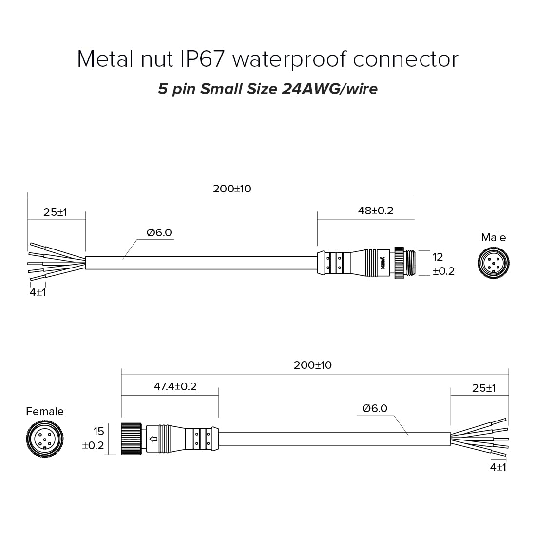 Btf-Lighting 5 Pin Electrical Metal Nut Connector 22Awg Ip68 Male Female Connector 7.87In/20Cm Extension Cable For Car Truck Boat Indoor/Outdoor Led Strip Lights/String 15Mm Metal Nut Small Size