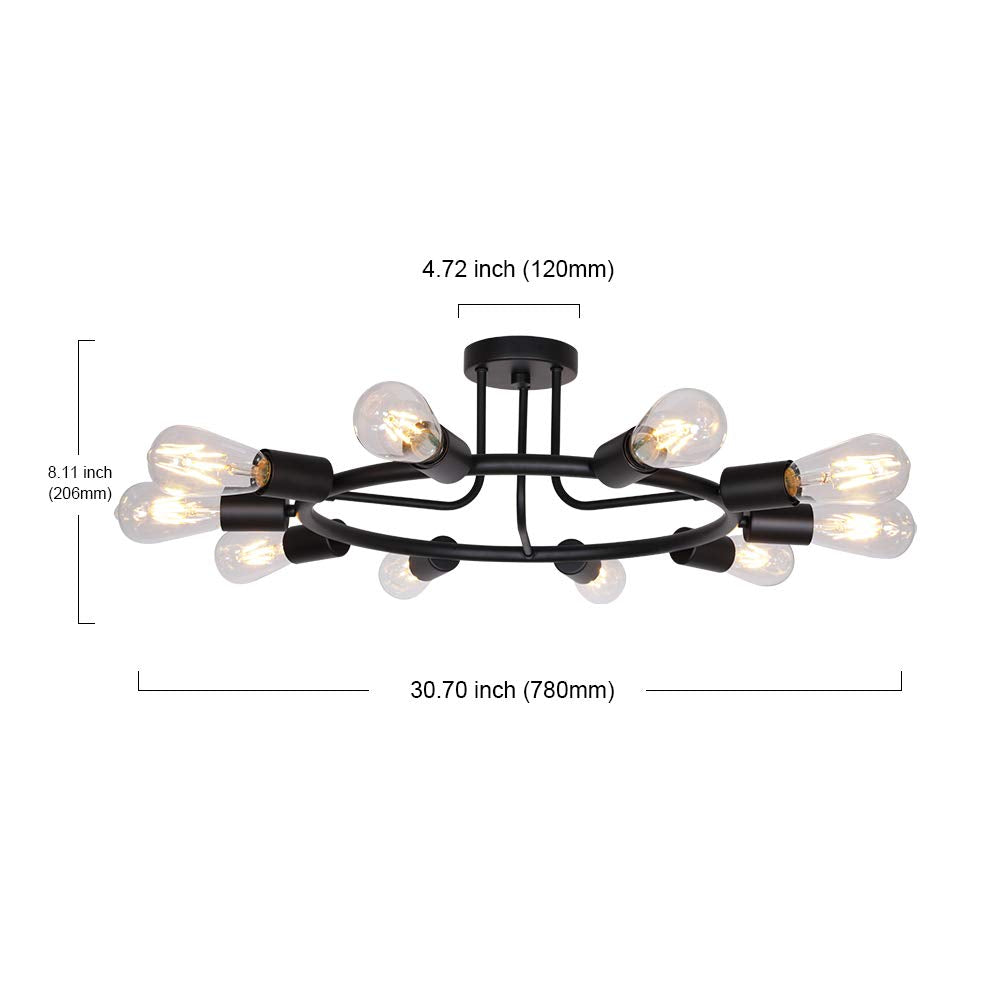 BONLICHT Vintage Metal Large Sputnik Chandeliers 10-Light Flush Mount Light Fixtures Ceiling Black Indoor Industrial Chandelier