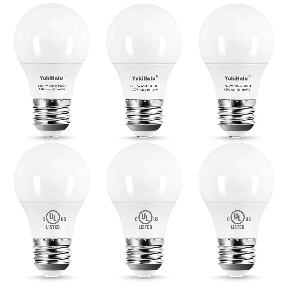 Yukihalu A15 Led Light Bulbs, 60W Equivalent, 7W 600 Lumens, 3000K