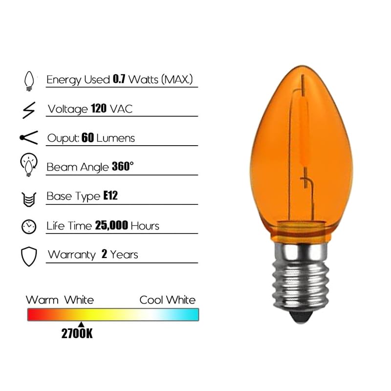 Venusop 2 Pack C7 Orange Led Replacement Christmas Light Bulbs,E12 Candelabra Base, Shatterproof Plastic, For Christmas Outdoor