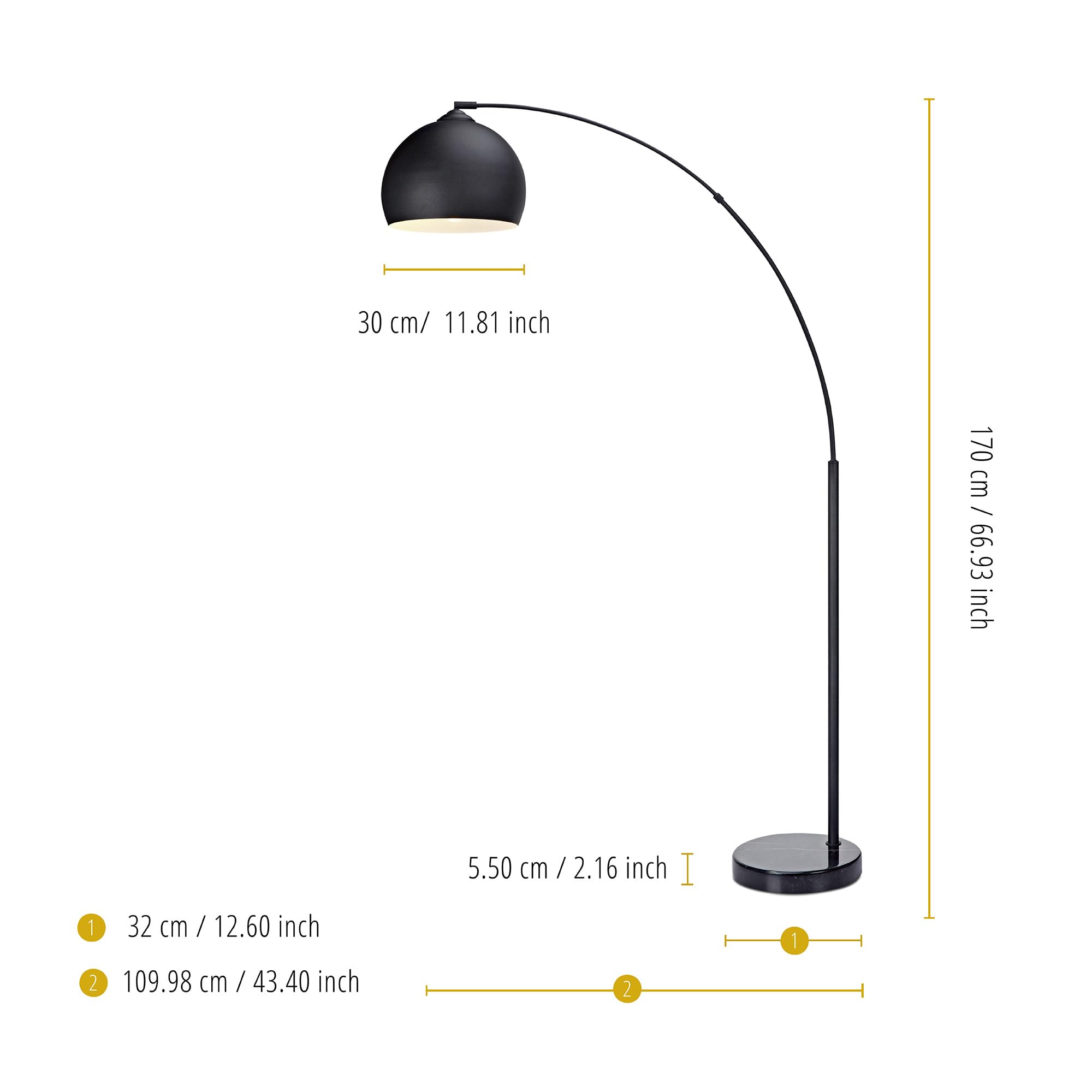 Teamson Home Arc Floor Lamp, 66.93in Iron, Black Faux Marble Base, Black Bell Shade, Model VN-L00013