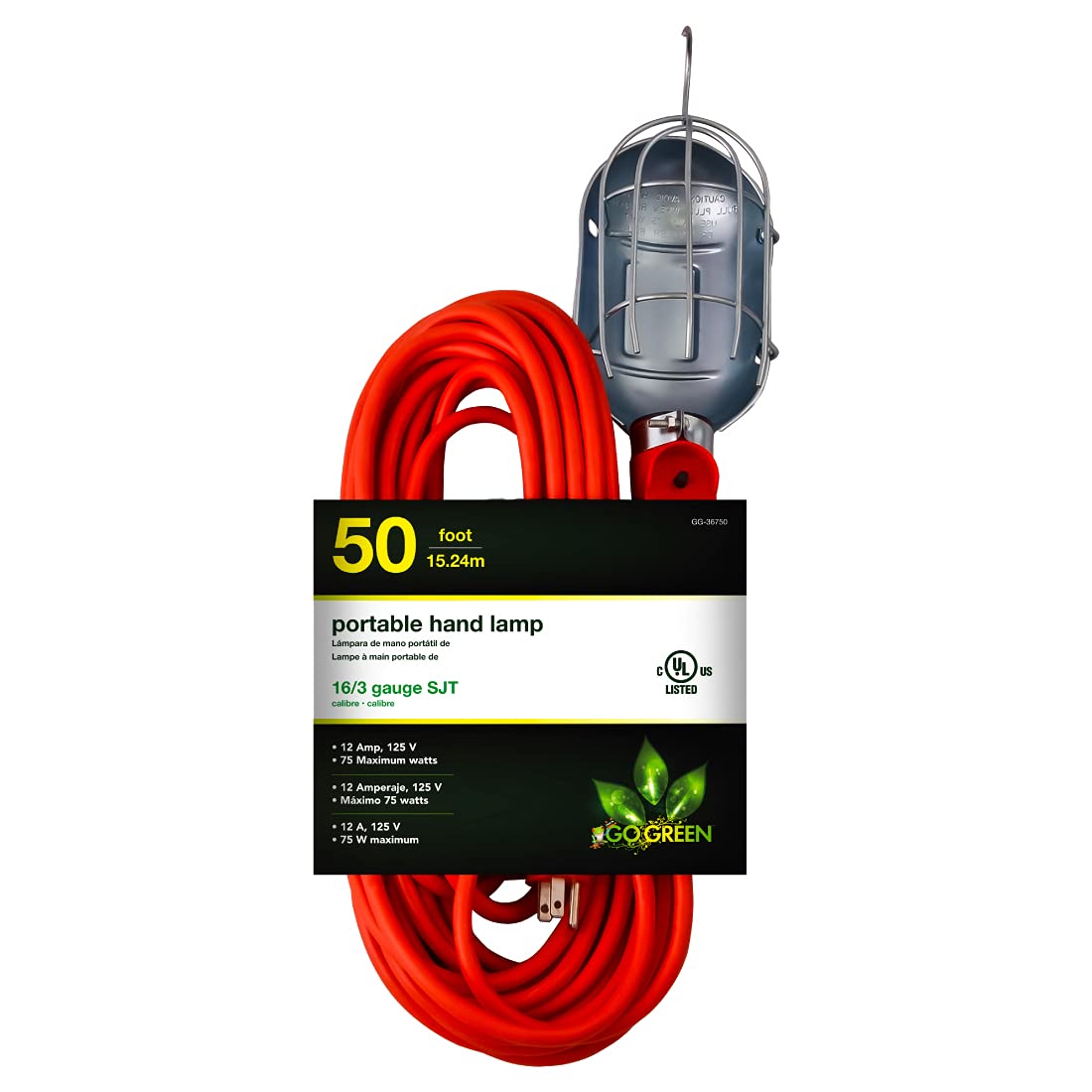 Go Green Power Inc. 50ft Portable Hand Lamp with 16/3 Kink-Free Cord (Bulb not Included)- Durable Construction, Swivel Hook, and