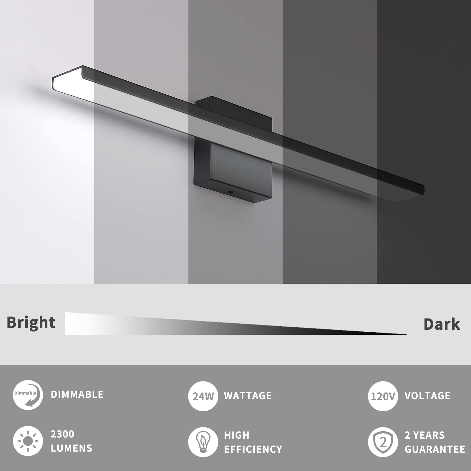Jusheng 24" Black Dimmable Bathroom Vanity Light Fixture - Aluminum & Stainless Steel, 6000K