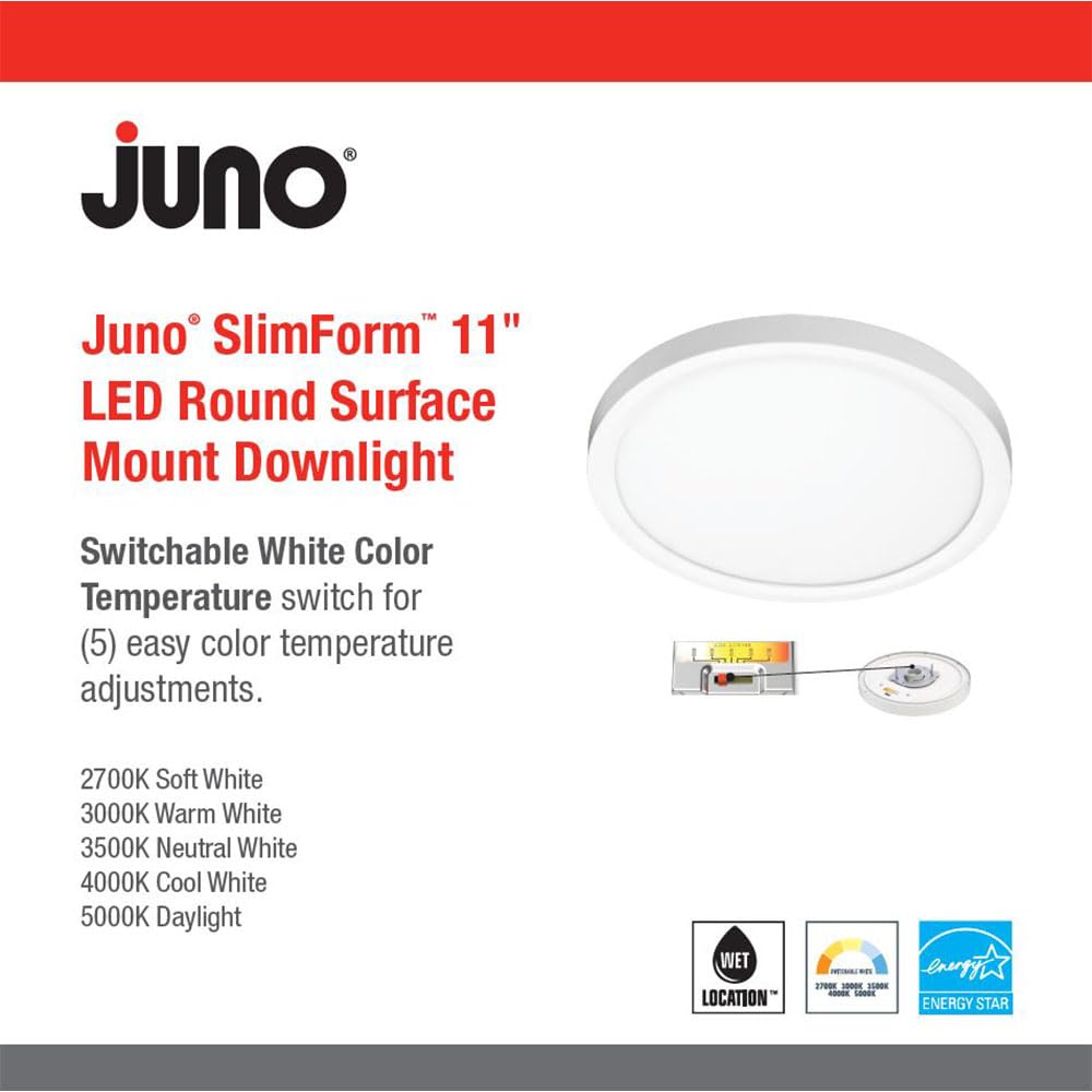 Juno SlimForm LED Downlight, 11 Inch, White, Switchable Color Temp, Aluminum, Model JSF 11IN 13LM SWW5 90CRI 120 FRPC WH