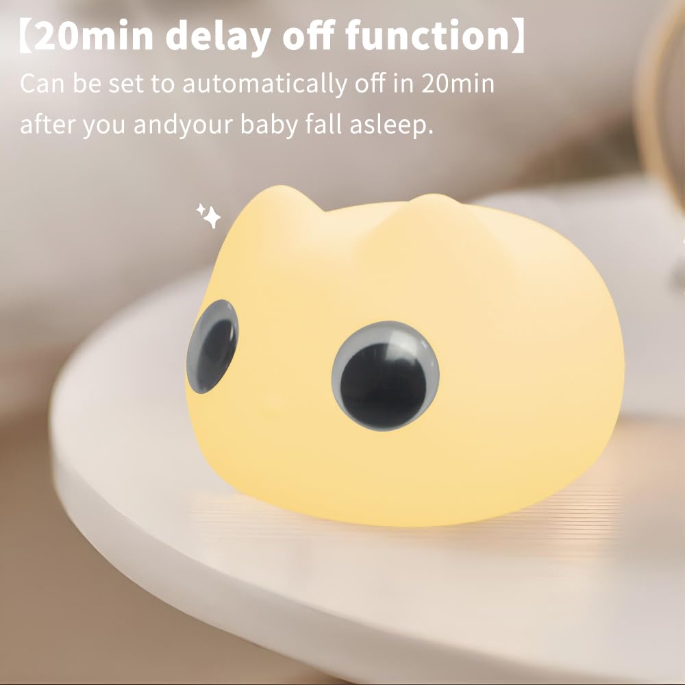 ipalmay Night Light for Kids, USB Rechargeable Cat Bedside Lamp, Warm Light, Model PM82, Black Eyes