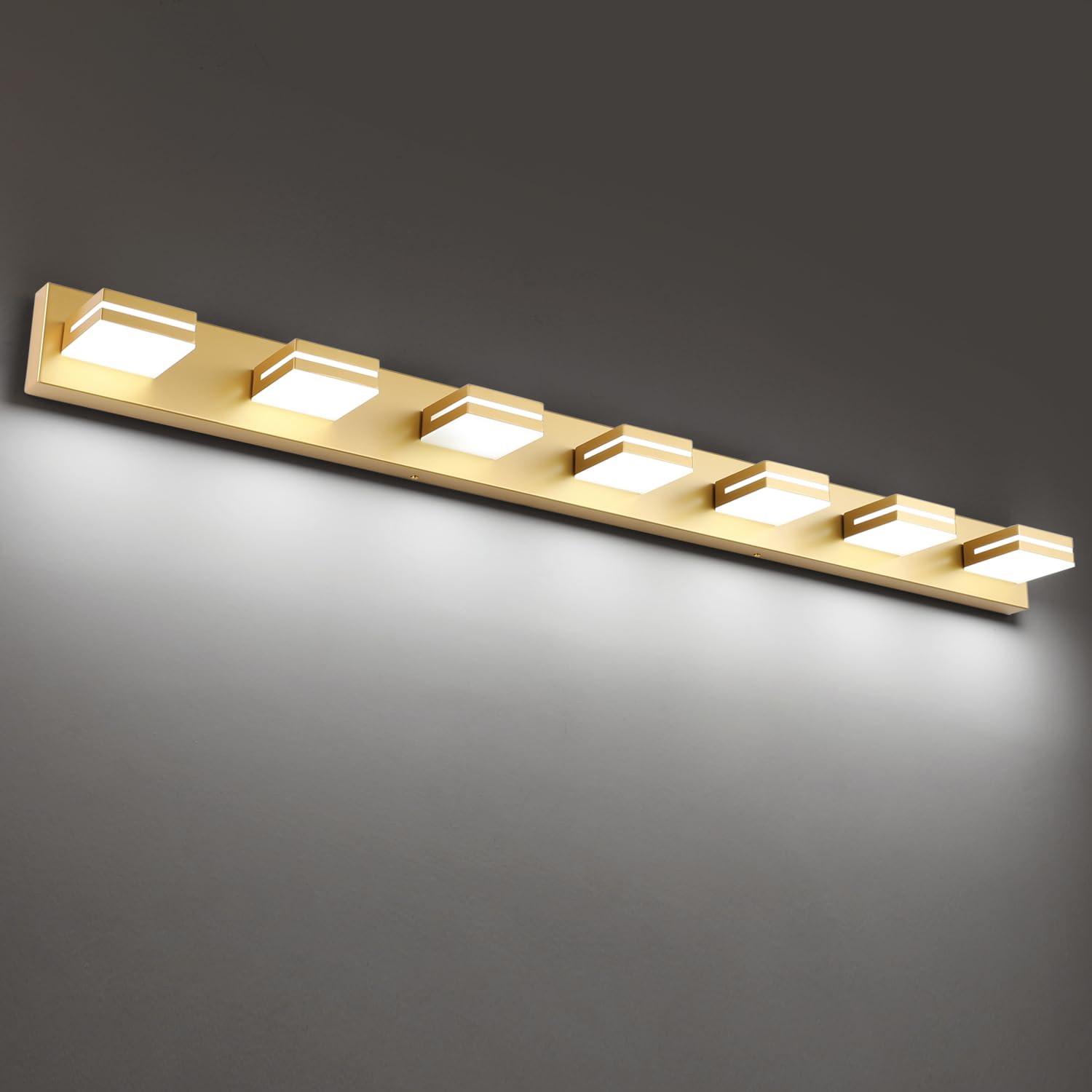 SineRise LED Bathroom Vanity Light Fixtures, 7-Light, 55-Inch, Gold, Stainless Steel, Model H0001-49, Non-Dimmable, Cool White 6000K