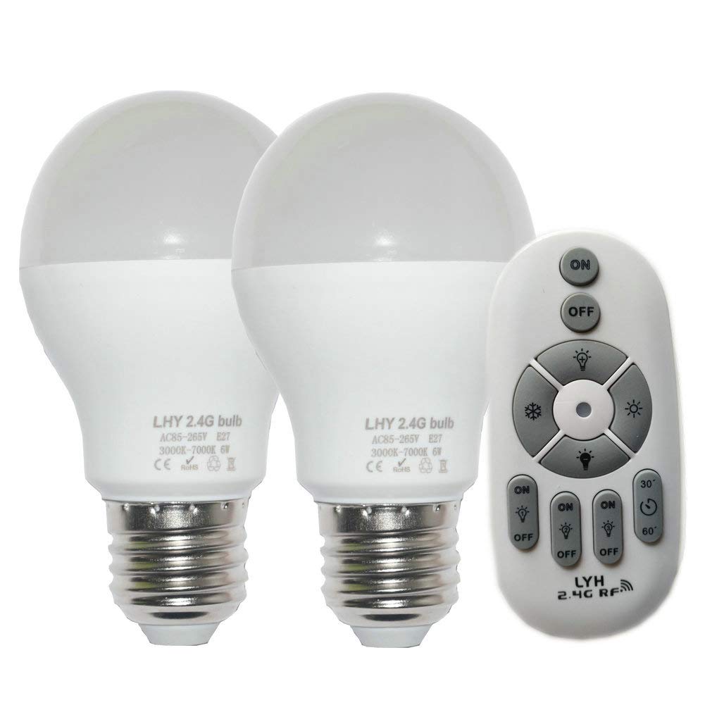 Fjiangyi 6W E27 Smart LED Light Bulbs Dimmable with 2.4GHz Wireless 3-Zone Remote Control - Adjustable Color Temperature (Warm/C