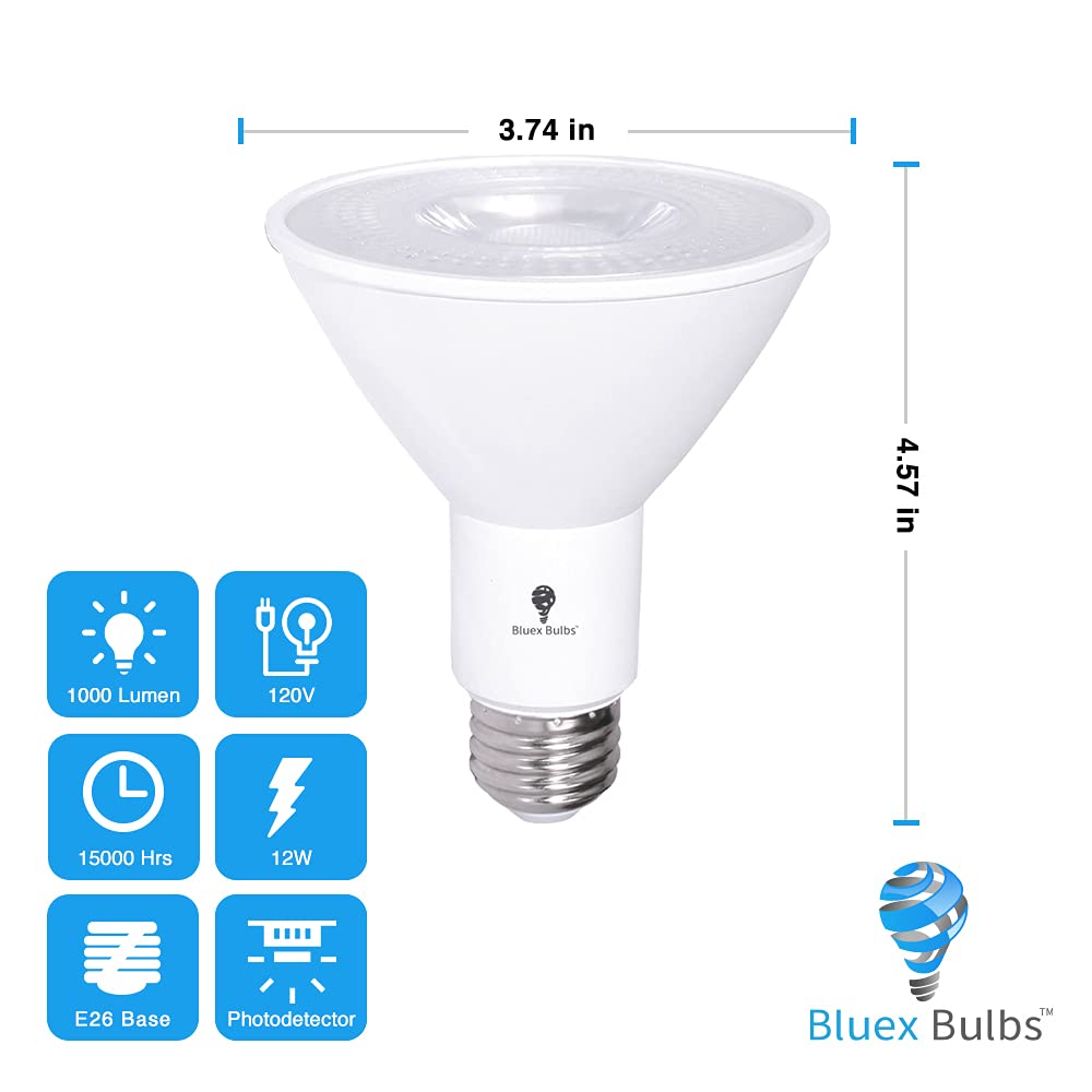 Bluex Bulbs 2 Pack PAR30 LED Flood Light Bulbs, Dusk to Dawn Photocell, 12W, 1200 Lumens, Waterproof, 5000K Cool White